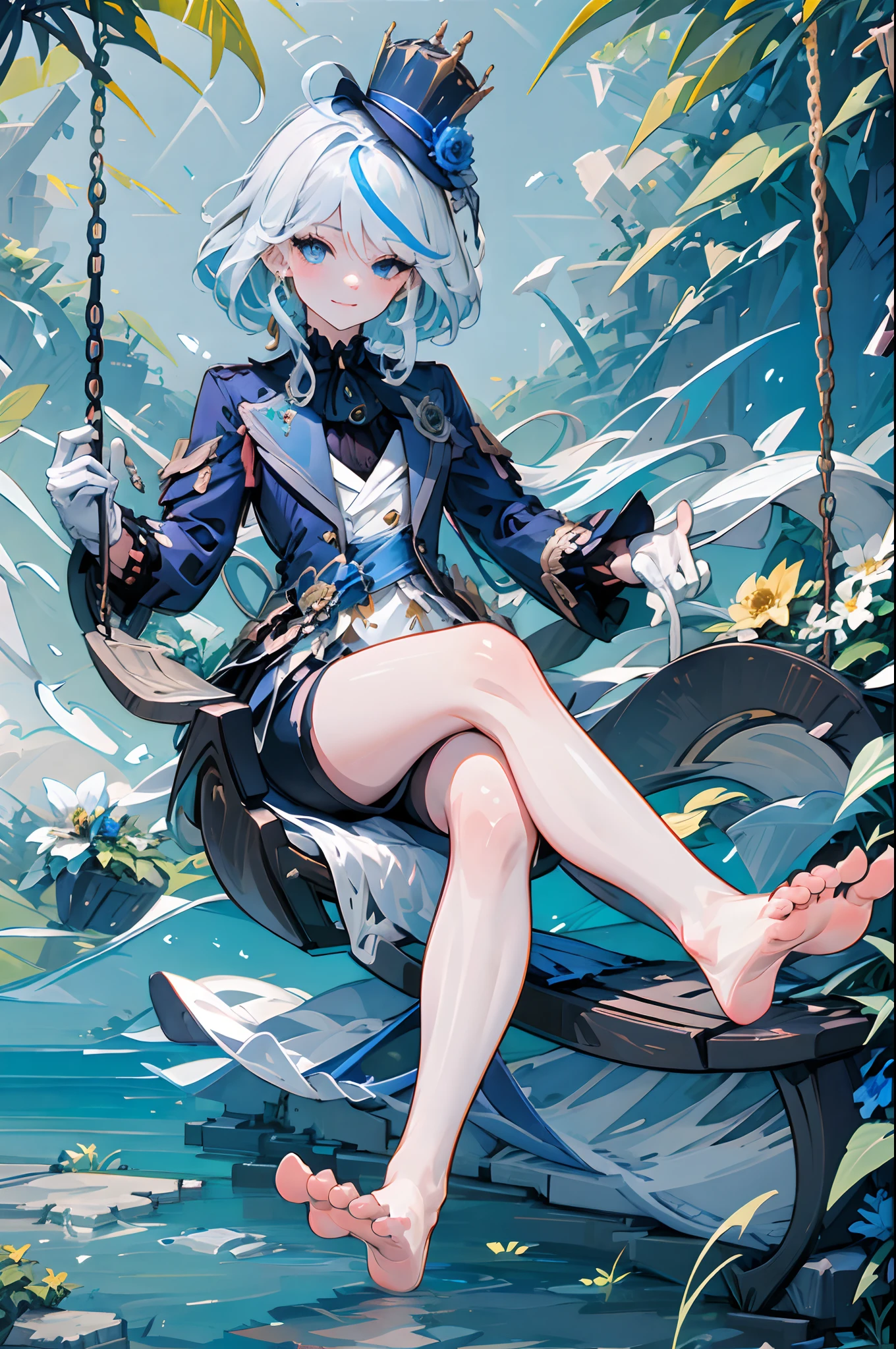 Masterpiece, Best quality, Pisif,Focalors,
Focalors, 1girll, Barefoot, Feet, Crossed legs, A sole, swing, mitts, Toes, thigh band, Solo, Long hair, Sitting, blueflower, Hat, ahoge, flower, Long sleeves, Legs, chain, White gloves, view the viewer, Bare legs, Jacket, full bodyesbian, Very long hair, blue jacket, Butterfly, bugs, Thighs, bangs, jewelry, Earrings, A blue headdress, Shorts, Closed mouth, hatflower, Blue rose, Outdoors, Holding, Foot focus