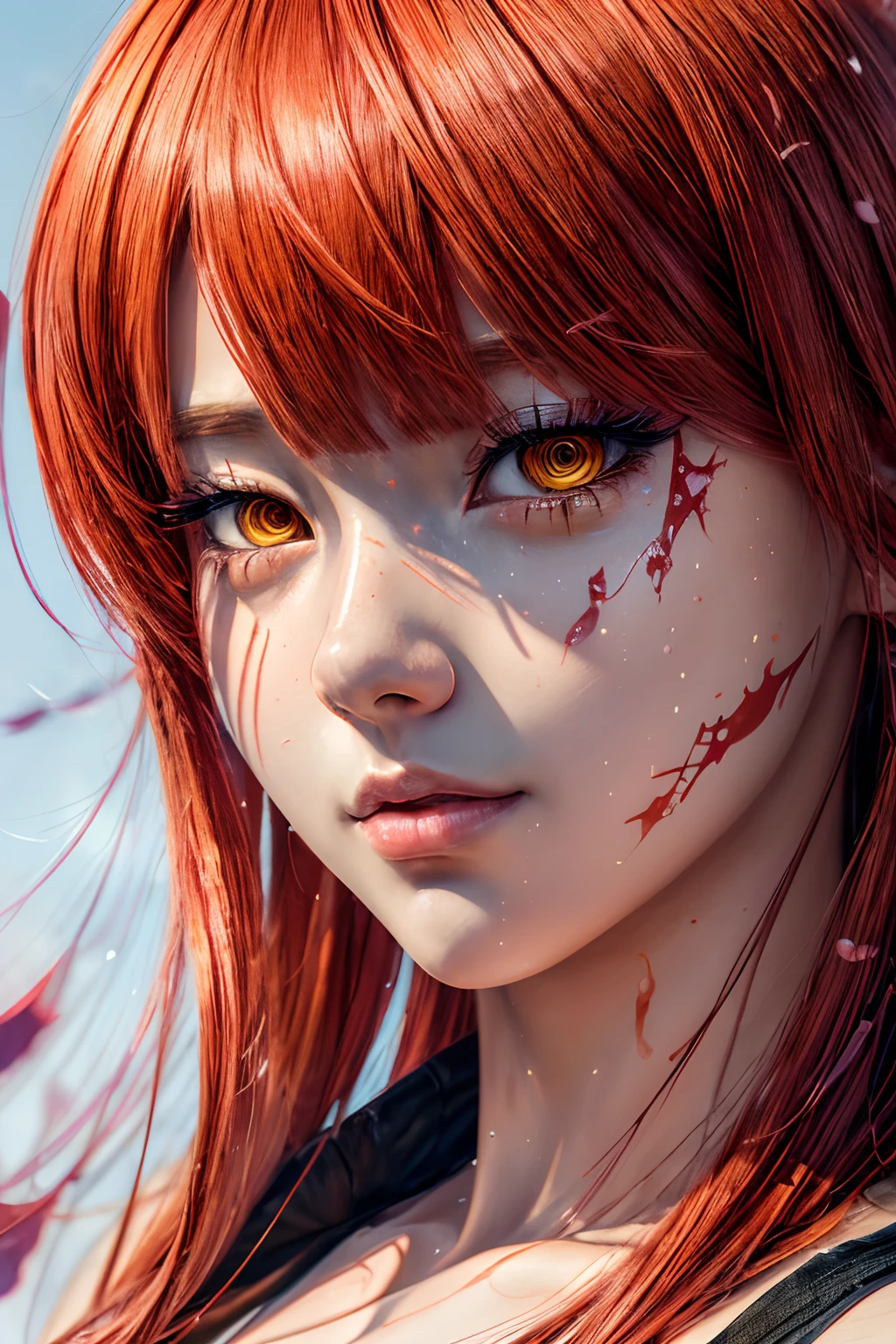 masterpiece, best quality, (extremely detailed CG unity 8k wallpaper, masterpiece, best quality, ultra-detailed, best shadow), (detailed background), (beautiful detailed face, beautiful detailed eyes), High contrast, (best illumination, an extremely delicate and beautiful),1girl,((colourful paint splashes on transparent background, dulux,)), ((caustic)), dynamic angle,beautiful detailed glow,full body, paint splash on face. close up of a woman, anime girl with red hair and a white shirt and tie, a character portrait by Yang J, pixiv, shin hanga, portrait of an anime girl, female anime character, portrait anime girl, portrait of asuka langley soryu, beautiful anime portrait, detailed portrait of anime girl, anime character, realistic anime artstyle, anime girl portrait, anime character portrait, paint splashes on face.