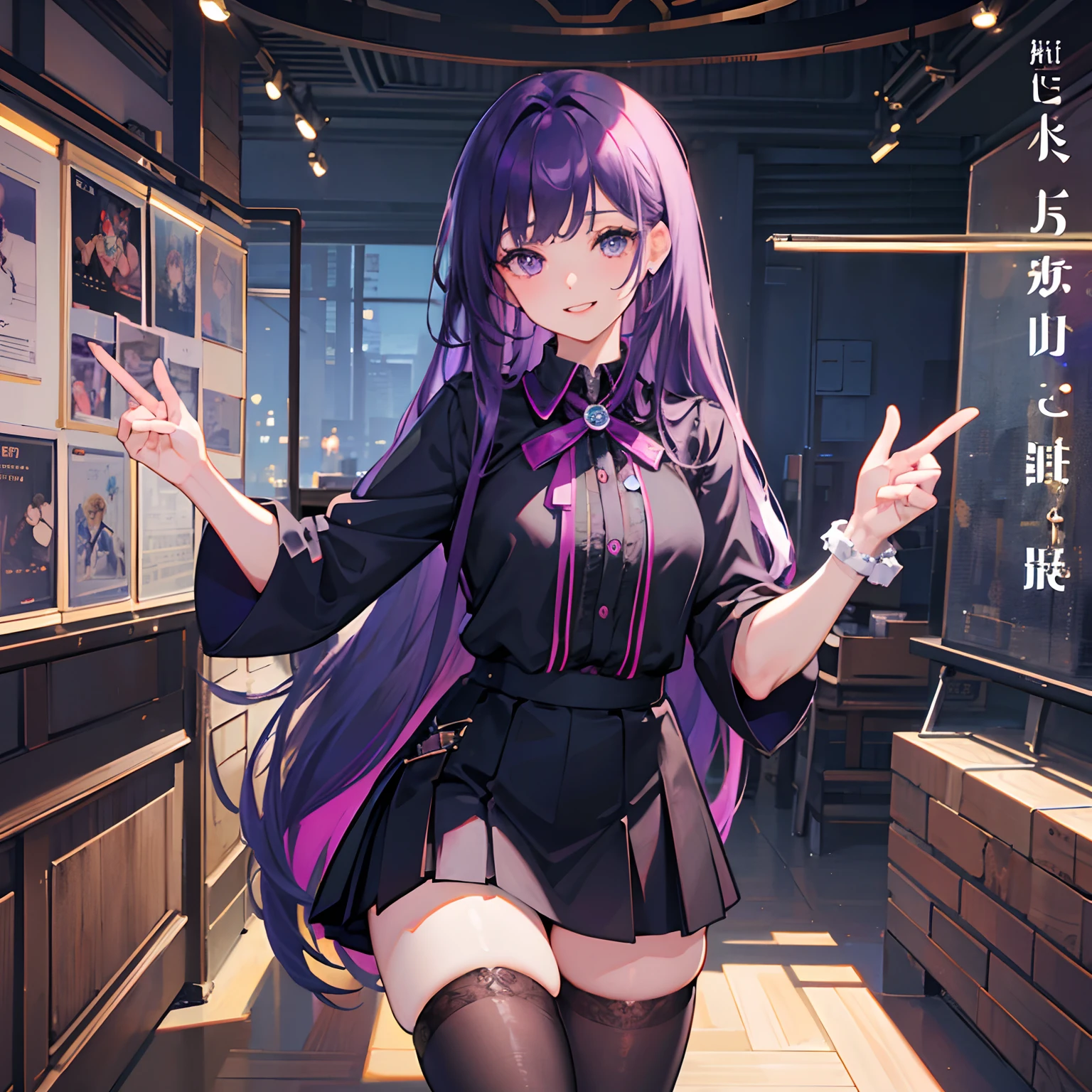 Masterpiece, very detailed, (1 girl: 1.2), purple hair, high school student, eyes, large close-up, sloppy smile, 8Kde, Ai Hoshino, looking straight,, photo, poster, 3d renderv0.2