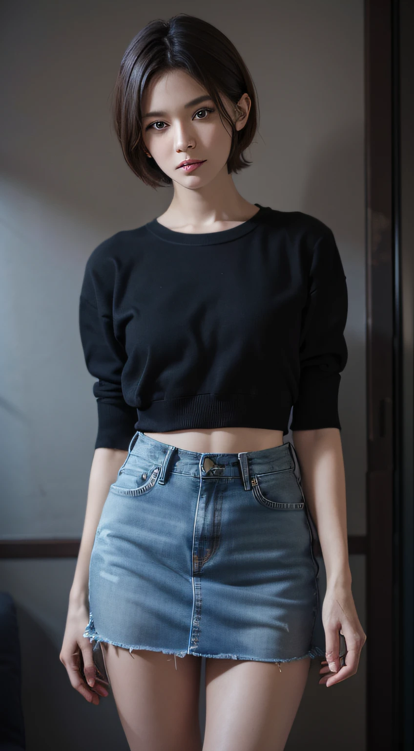 Sweaters、Denim Mini Skirt、full body Esbian、frontage、A slender、(masuter piece:1.3)、(8K、Photorealsitic、Raw photography、top-quality: 1.4)、(1girl in)、beautiful countenance、(Lifelike face)、(A dark-haired、short-hair:1.3)、Beautiful hairstyle、realisticeyes、Beautiful details、(real looking skin)、Beautiful skins、(Sweaters)、absurderes、enticing、超A high resolution、A hyper-realistic、high-detail、the golden ratio