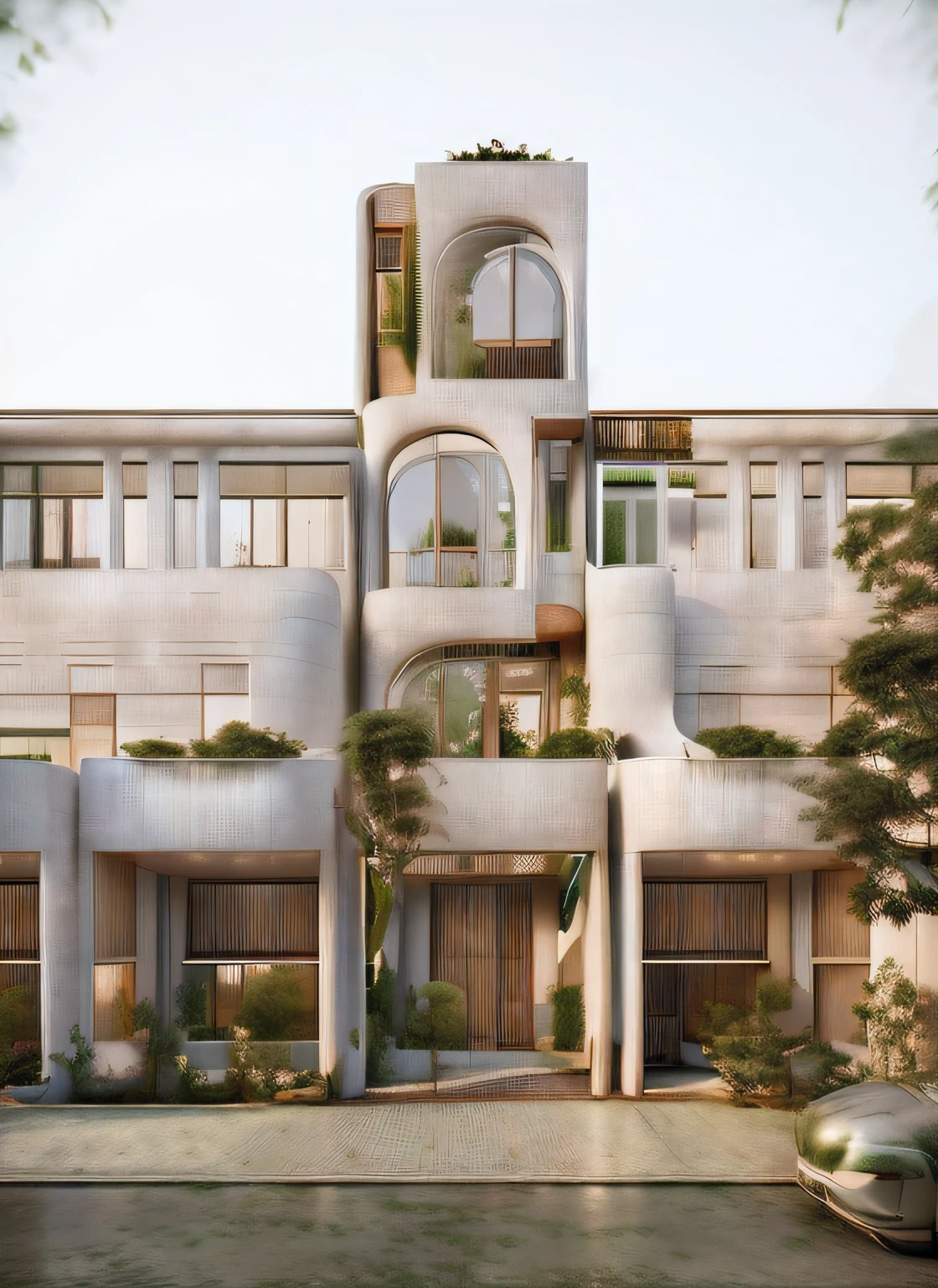 TOWNHOUSE, no balcony, MODERN STYLE, VRAY RENDER, SURROUNDED WITH GREEN TREES, WARM TONES, CLOUDY SKY, MORNING