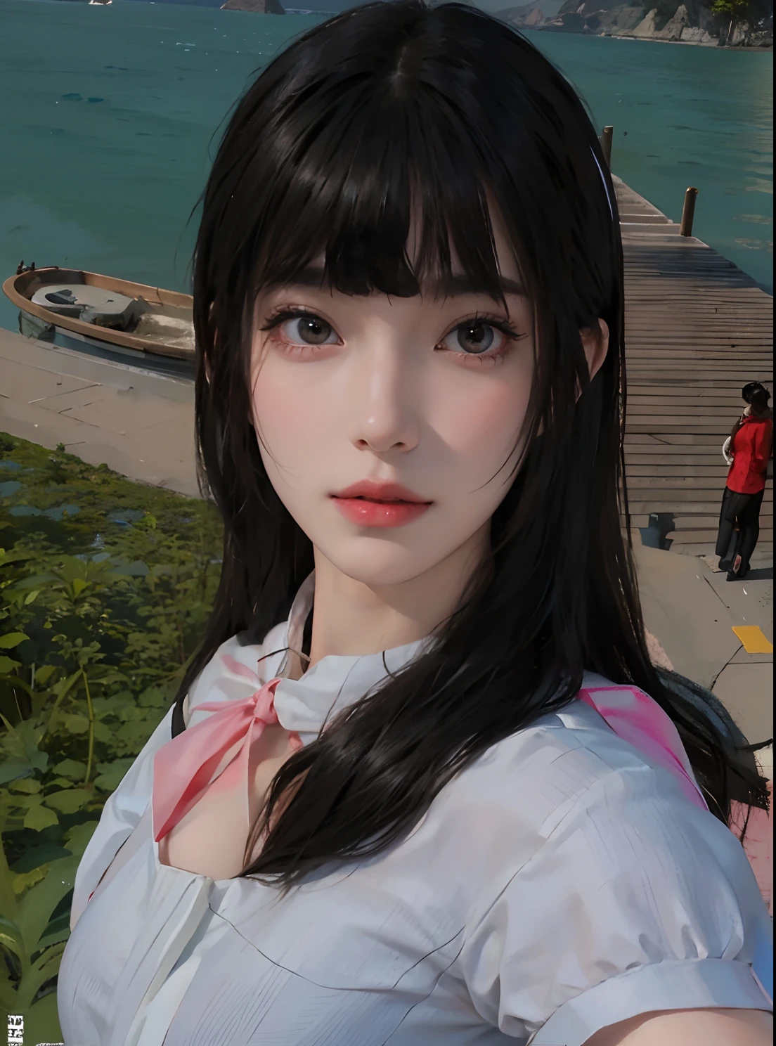 best quality, masterpiece, ultra high res, photorealistic, 1girl,  smile, perfect face, beautiful face, beautiful eyes, ((perfect female body, narrow waist)), fantasy, dreamlike, unreal, science fiction,1girl,
masterpiece, best quality:1.2),illustration,8k,hd,1girl,solo,upper body,(portrait:1.2),very_long_hair,large_breasts,red_eyes,white_school_uniform,white_hair,necktie,red_necktie,skirt,bare_shoulders,boots,detached_sleeves,sleeveless,black_thighhighs,zettai_ryouiki,thigh_boots,garter_straps,