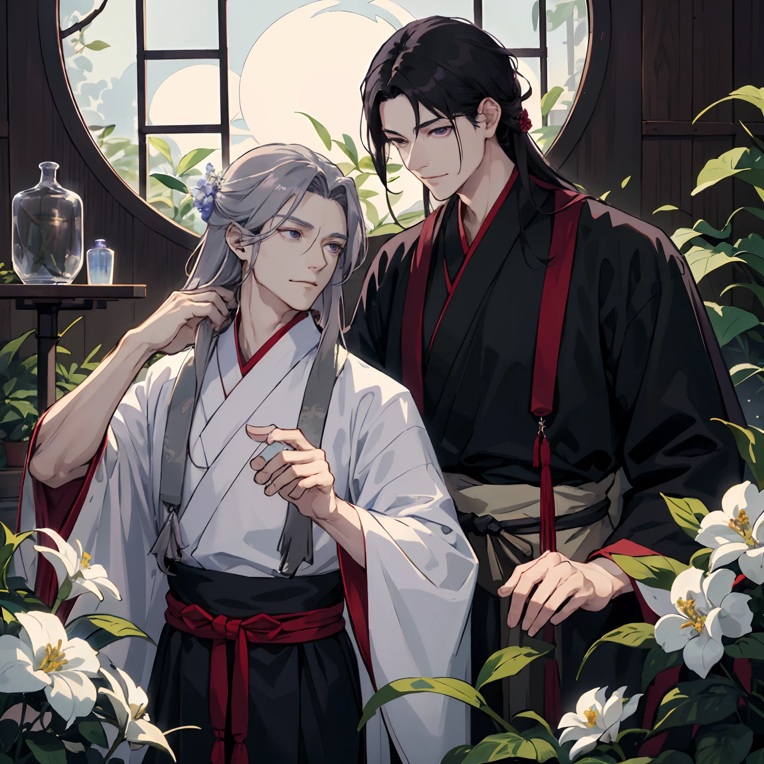 2 men, lover, Wooden greenhouses, You're wearing a hanfu, Long black hair, dark purple eyes, medical doctor, Gray-haired men are very muscular.., You're wearing a hanfu, wide shoulders, ah high, Long white hair, Black Eyes, moon light, caress, smirk, Fluttering flowers