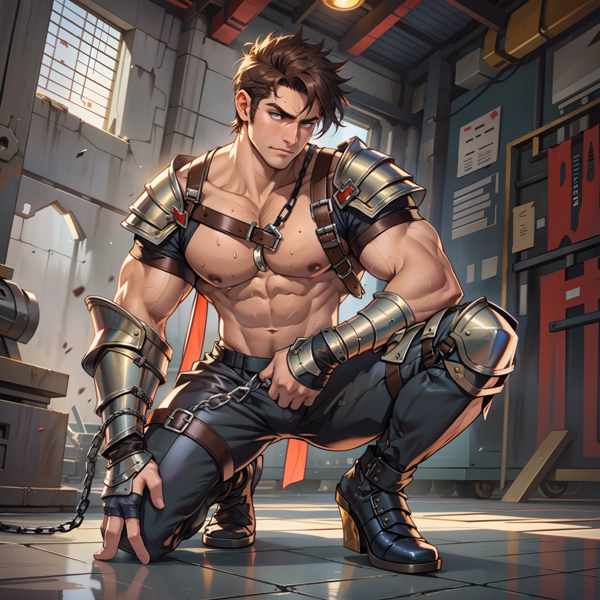 A close up of a man in armor kneeling on a tiled floor - SeaArt AI