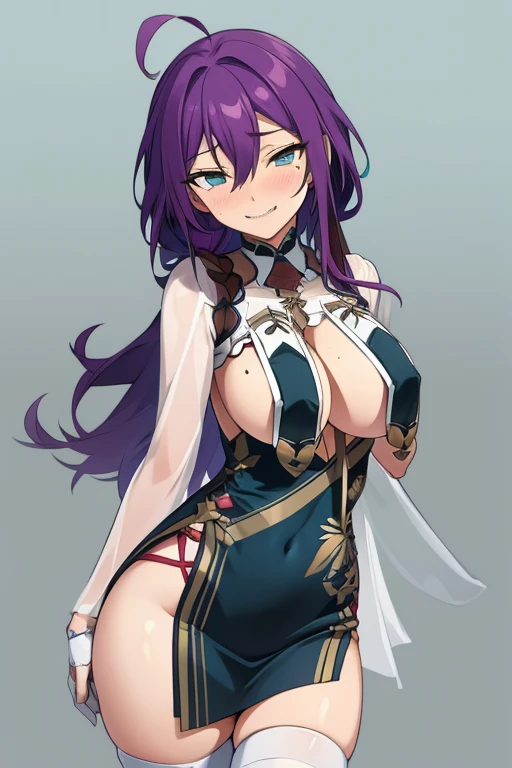 long hair, mole under mouth, purple hair, hair between eyes, aqua eyes, sharp teeth, ahoge, blush, smile, cowboy shot, 1girl,large breasts,solo,ahqipao,see-through, half gloves, white thighhighs