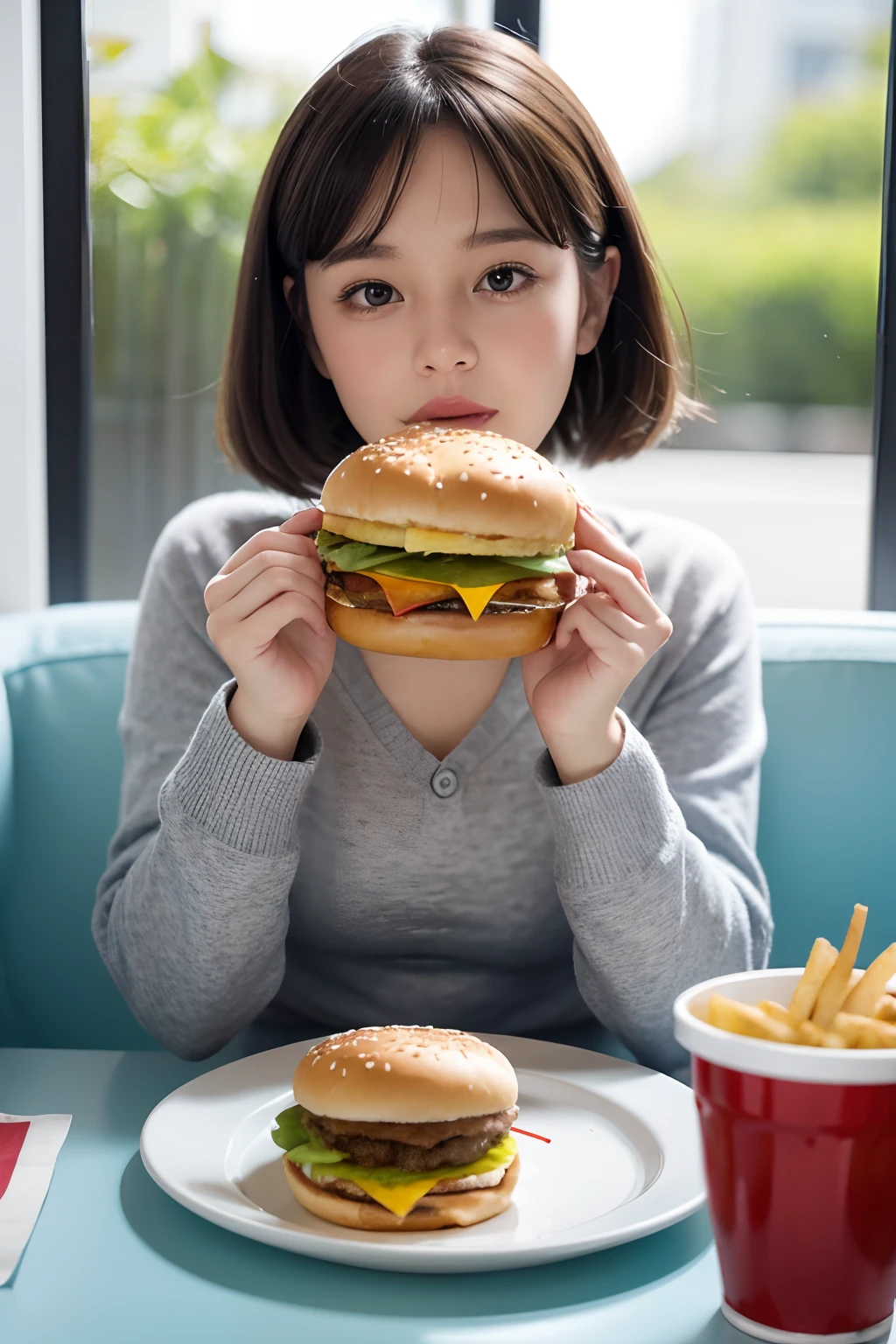 pixar-style，A British Shorthair eating a burger，high-definition picture quality，adolable，vividness