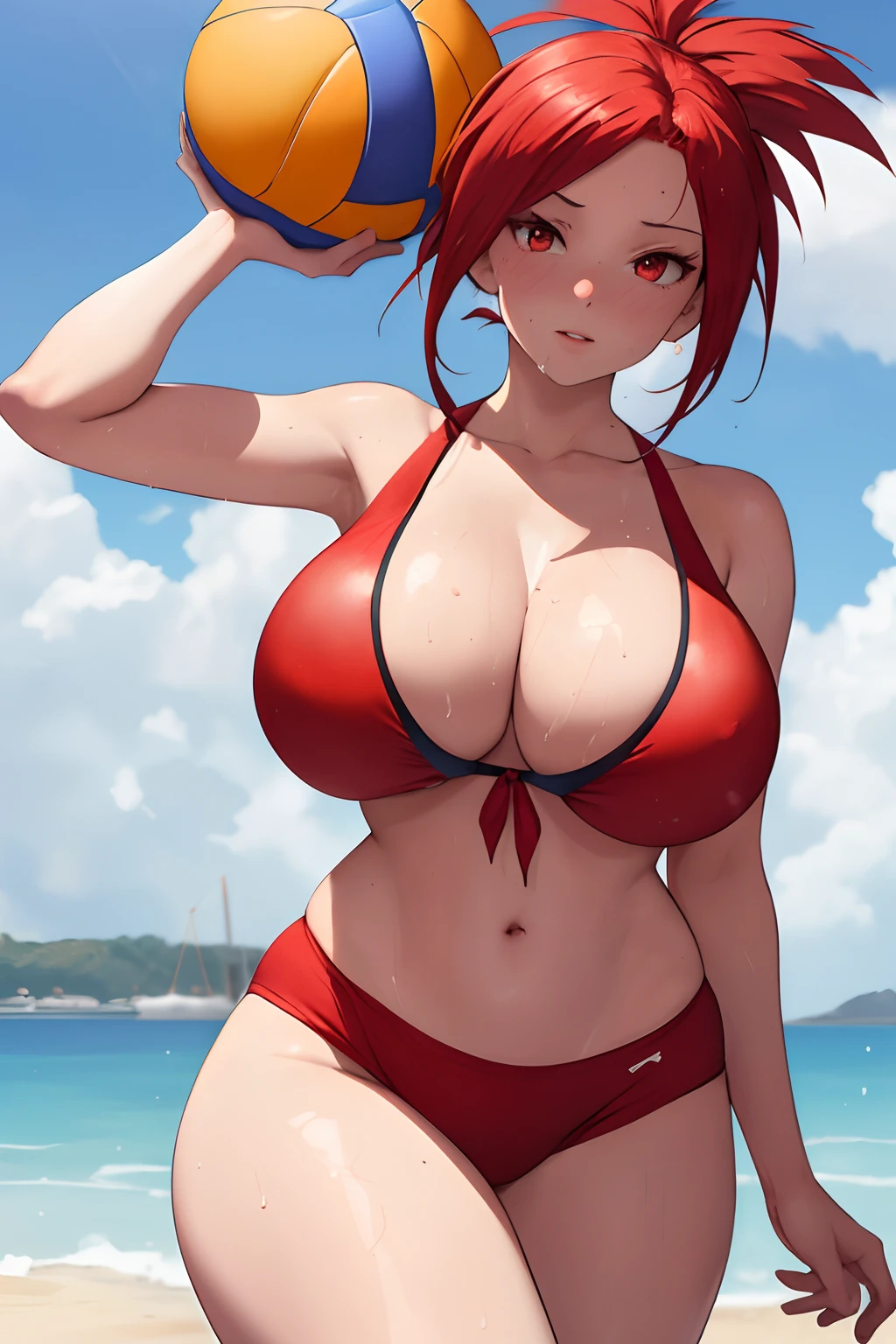 masterpiece:1.2, best quality), realistic, (real picture, intricate details, depth of field), (1girl, solo), make up, parted lips, highly-detailed, perfect face, ((full body shot)), 
(huge breasts:1.4), (skindentation), thick thighs, wide hips, small waist, tall, glossy coral lips, midriff, ((underboob)), bare feet
red hairs, (crimson red eyes), short hair
(A girl playing beach volleyball, white volleyball uniform), (((holding up a volleyball))), (sweating:1.2), (wet), sexy, blushing, ((flannery)), (covered cleavage)