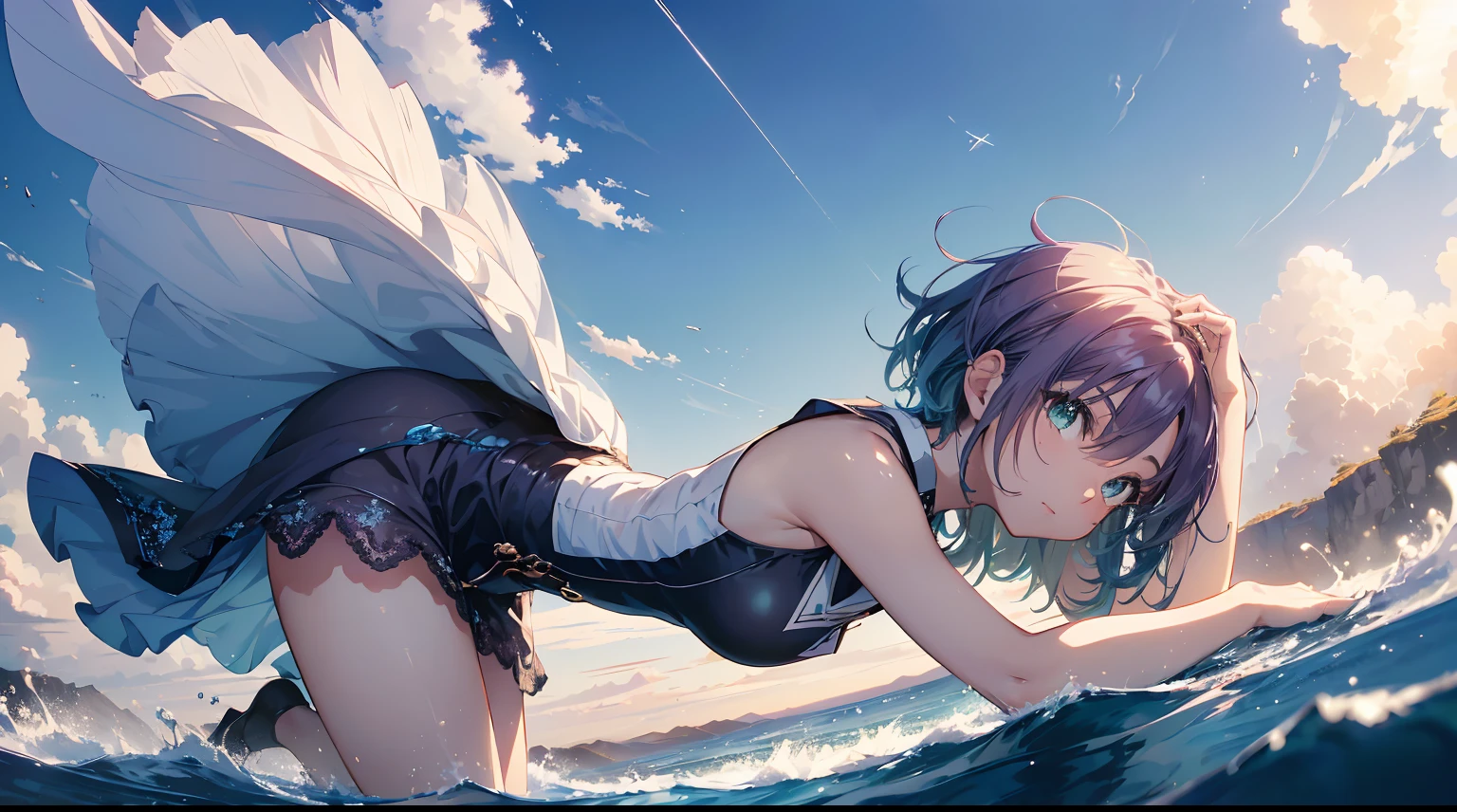 ((The Uyuni Salt Flat reflects the blue sky and summer clouds that stretch out in all directions. A girl walks through the middle of it, surrounded by the blue of the sky and the white of the clouds, creating a stunningly beautiful scene.)), BERAK (sunset:1.3),((anime girl walking on water)), (((The scenery is so vast that it can be seen)),(Perfect Anatomy:1.2),((Perfect hands:1.2)), (best quality:1.1), ((1girl)), from above、dutch angle、very wide shot、(((Toru Asakura:1.37, Solo))), (((bare-legged))), ))), (((Pure white summer dresses))),　(((blue hairs、耳环、gradation hair、multi color hair、Parted bangs、Purple hair、short cut hair、White summer dress with a lot of lace embroidery, sleeveless))), (Beautiful face, Cute face, Detailed face), (((Detailed beautiful green eyes))),NFSW,((​masterpiece)), top-quality, Anime Art Wallpapers 8 K, ripples, Dawn background, ((illustratio, concept-art, animesque, key visual)),sparkling pupils, happy, reaching out ,forward hands,floating hair, shiny hair,outdoors, wind,sparkling pupils, sexy body, NFSW,((​masterpiece)), top-quality, Anime Art Wallpapers 8 K,夏天、Makoto Shinkai's concept art、tumblr、magical realism、beautiful anime scene、Beautiful sky。By Shinkai Makoto、((By Shinkai Makoto))、anime background art、anime backgrounds、style of makoto shinkai、anime movie background、Galaxy Express、(((vast scenery))),extremely detailed CG unified 8k wallpaper, very fine 8KCG wallpaper, anime moe art style, Anime visuals of cute girls, anime style portrait, In an anime style, Beautiful anime, 8K Anime Art Style, In anime style、8K animation with detailed drawings, (​masterpiece, Best Quality), High resolution, Ultra-detailed, ultra-sharp, Cinematic lighting、HDR、UHD、8K、Glowing eyes,　blue-sky、Transparency、