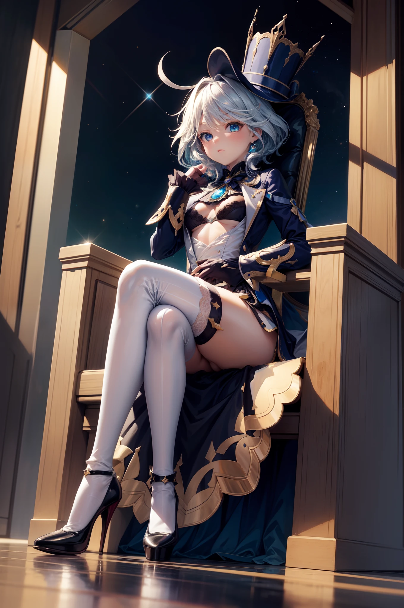 Masterpiece, best quality, bright starry, reflection, Anime landscape, detailed scenery, enhanced details. Furina, sat on throne, legs crossed, thick thighs, white thigh highs, small breasts, top hat, high heels