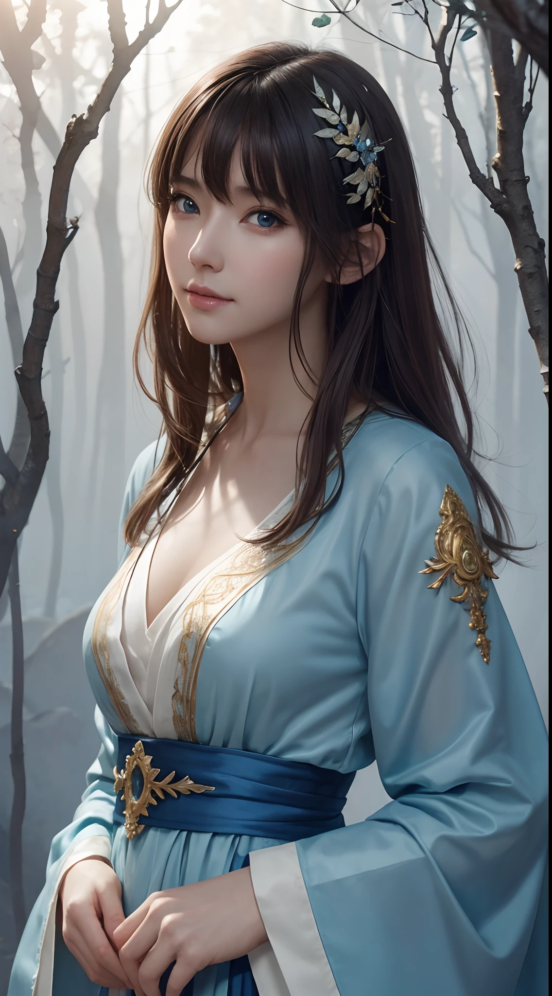 hightquality、8K Ultra HD、fullllbody、1 -yeld fee、Gentle smile、Rich facial expressions、beauty legs、robe blanche、light brown hair、Blue eyes、(The background is a lovely healing forest and the murmur of a river)、cute little、Beautiful fece、portlate、art by:Alberto Seveso、Abstract art style、Complex and intricate watercolor painting 、digitial painting、concept-art、Volumetric lighting、TanvirTamim、metal reflective、2d render、8K。 by artgerm、Trending on ArtStation