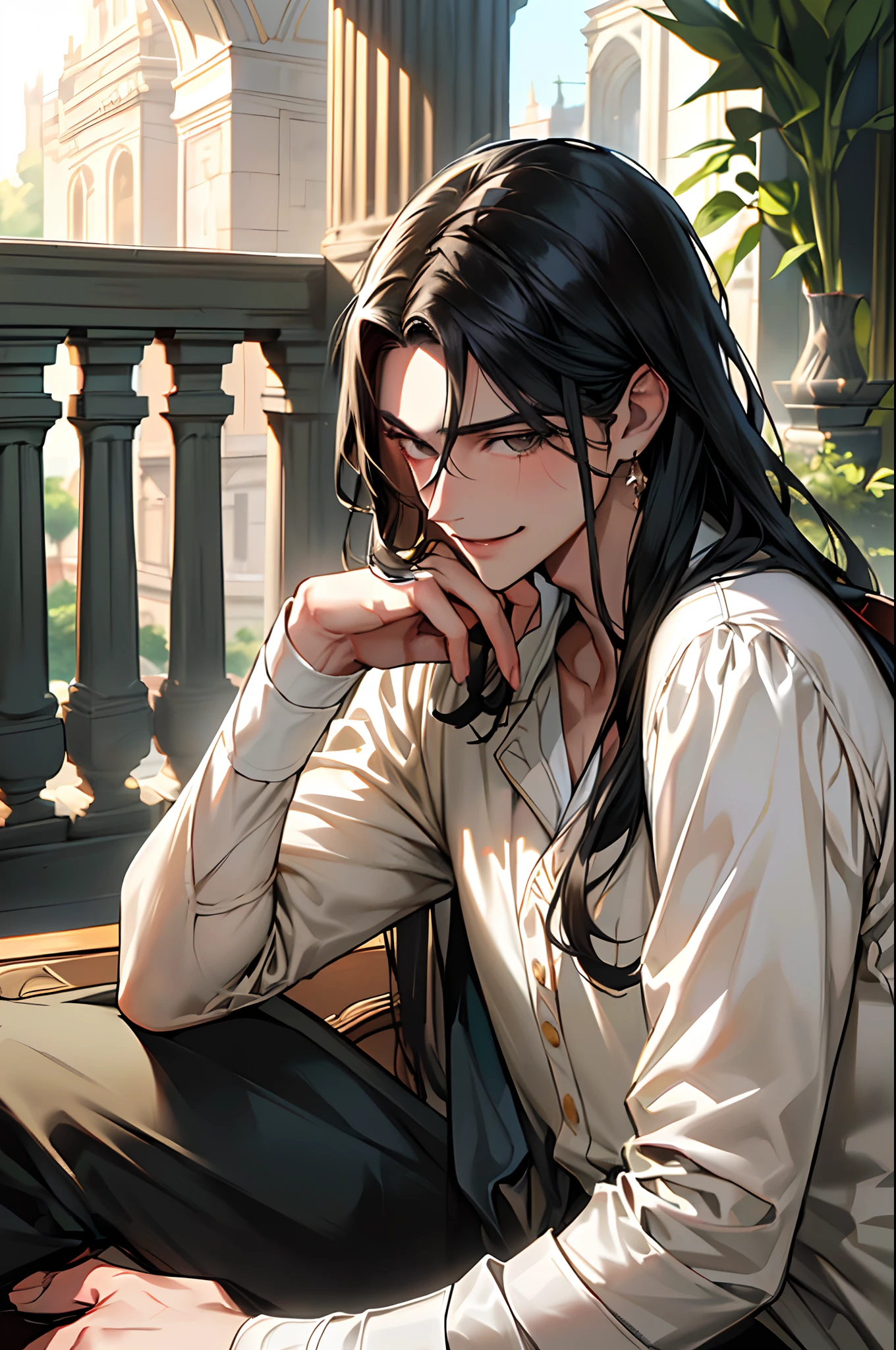 absurdres, (great composition), 1man, solo, adult, handsome, dynamic angle, dynamic lighting, well-built, olive skin, refined, handsome_male, 
long black hair, large 18th-century baroque mansion, garden, nobleman, aristocratic, elegant, neat, graceful, sunset, scenery, smile