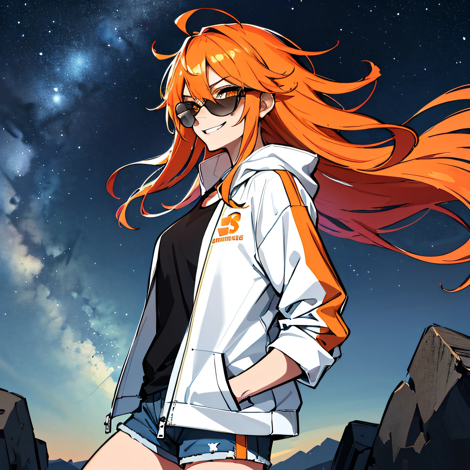 (absurdres, 8k, 4k, masterpiece, hyper extreme detailed:1.2), solo, 1girl, front view portrait, best quality, expressive eyes, perfect face, 1girl, portrait, solo, Female, mature female, adult, red hair, orange gradients, hair covering eye, medium hair, cool, confident, white shorts, wild hair, messy hair, night time, cowboy shot, half body, perfect anatomy, flowing hair, windy hair, wind, fearless, cool, badass, shirt, rugged, golden eyes, starry night sky, stars, night, smirk, badass, heroic, black graphic t-shirt, white jacket, hands in pockets, sunglasses, smirk,