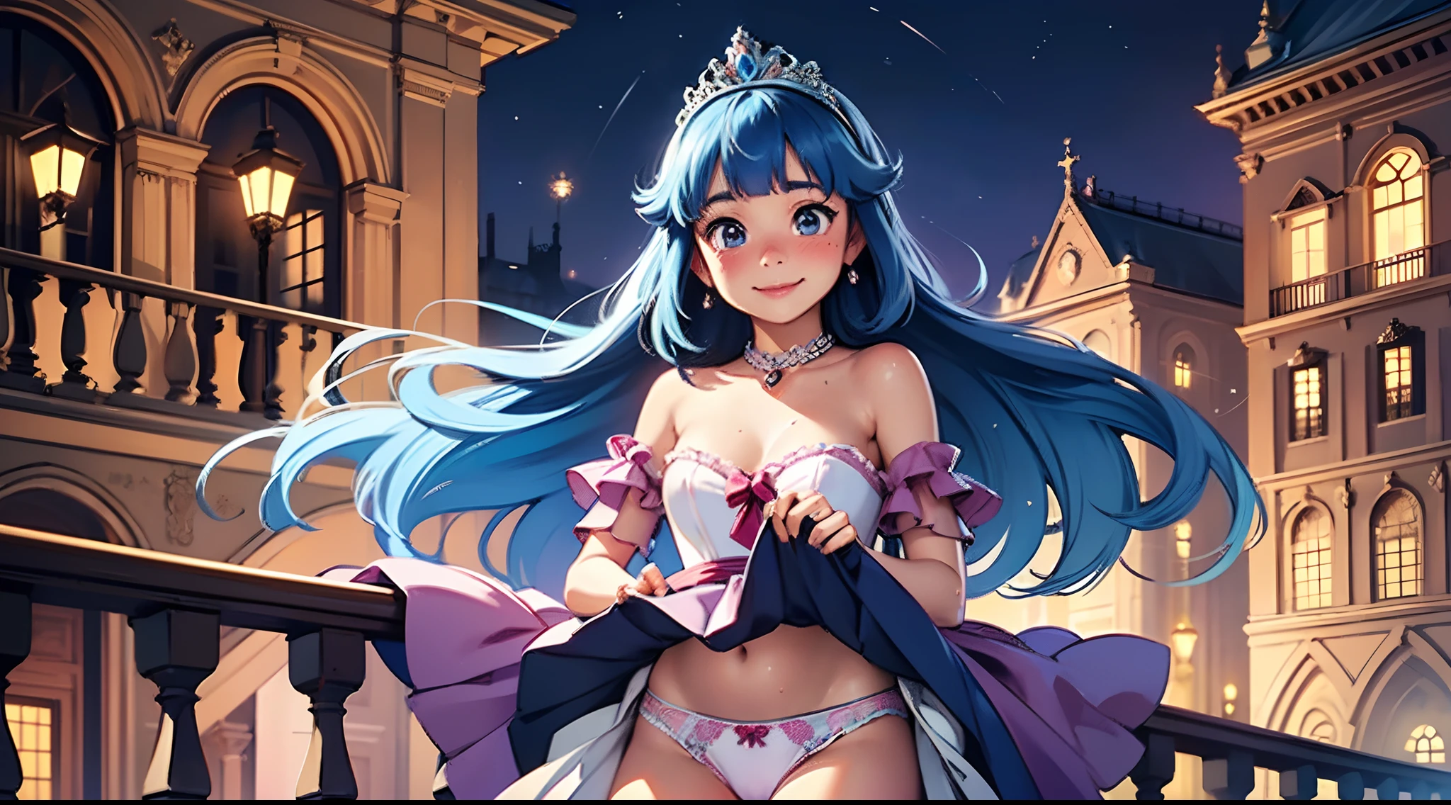 {{{masutepiece}}}, {{{Best Quality}}}, {{Ultra-detailed}}, {{extremely delicate and beautiful}},(nffsw), (Best Quality, 8K, 32K, masutepiece, nffsw:1.2),a photo of a cute girl, of the highest quality, Best Quality, Realistic, Unity, 8K Wallpaper, Official art,(The best princess in the world:1.5),(Princess dresses with lots of decorations:1.3),(gorgeous tiara:1.3),(Smile:1.3),(full-face blush:1.3),(Sweaty skin:1.3),Blue hair,(On the balcony of the palace at night:1.3),(Dynamic Pause:1.3),(Full body:1.2),(skirt lift by yourself:1.7),(Cotton panties:1.3),(pantie shot:1.5)