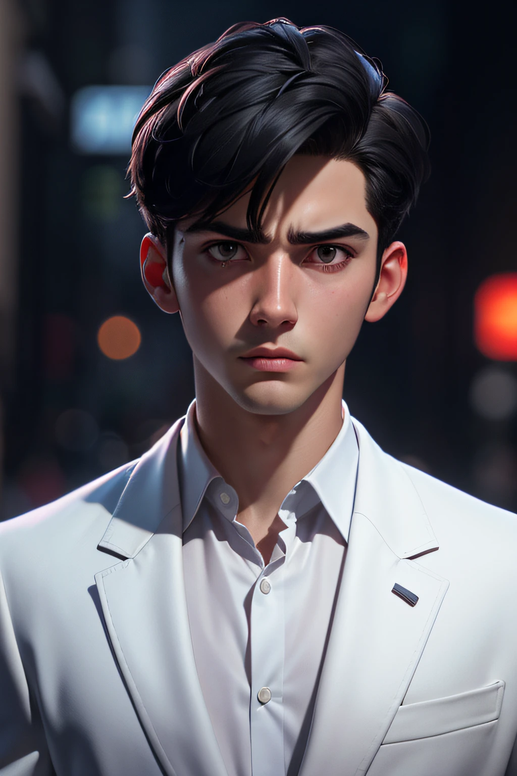 A handsome boy, frontal, worried, white sports coat, short black hair, on the street, super high detail, high real, 4K, chiaroscuro, super detail,