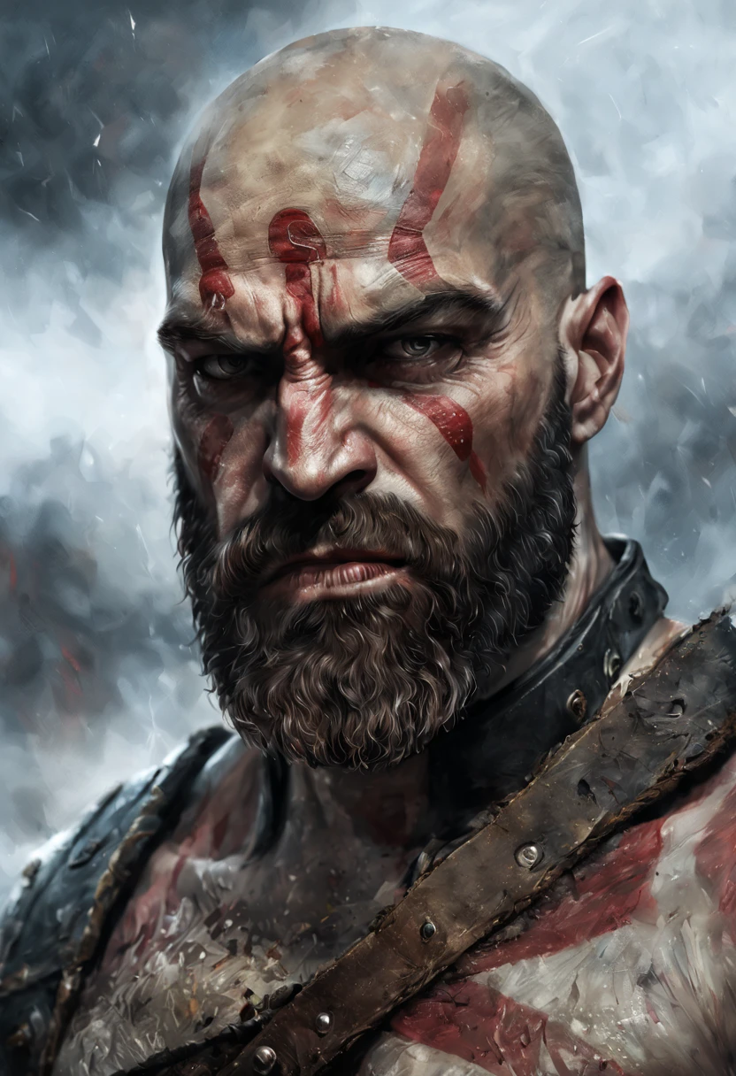 God of war, portrait (closeup) kratos,mixed with Darth Maul, realistically, dynamic lights, old, full footage, (extremely detailed 8k wallpaper of CG unit), trend in ArtStation, trend in CGSociety, high detail, sharp focus, dramatic, photorealistic