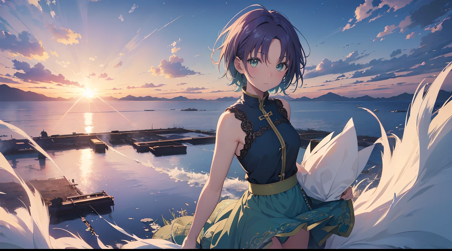((The Uyuni Salt Flat reflects the blue sky and summer clouds that stretch out in all directions. A girl walks through the middle of it, surrounded by the blue of the sky and the white of the clouds, creating a stunningly beautiful scene.)), BERAK (sunset:1.3),((anime girl walking on water)), (((The scenery is so vast that it can be seen)),(Perfect Anatomy:1.2),((Perfect hands:1.2)), (best quality:1.1), ((1girl)), from above、dutch angle、very wide shot、(((Toru Asakura:1.37, Solo))), (((bare-legged))), ))), (((Pure white summer dresses))), (((blue hairs、耳环、gradation hair、multi color hair、Parted bangs、Purple hair、short cut hair、White summer dress with a lot of lace embroidery, sleeveless))), (Beautiful face, Cute face, Detailed face), (((Detailed beautiful green eyes))),NFSW,((masterpiece)), top-quality, Anime Art Wallpapers 8 K, ripples, Dawn background, ((illustratio, concept-art, animesque, key visual)),sparkling pupils, happy, reaching out ,forward hands,floating hair, shiny hair,outdoors, wind,sparkling pupils, sexy body, NFSW,((masterpiece)), top-quality, Anime Art Wallpapers 8 K,夏天、Makoto Shinkai's concept art、tumblr、magical realism、beautiful anime scene、Beautiful sky。By Shinkai Makoto、((By Shinkai Makoto))、anime background art、anime backgrounds、style of makoto shinkai、anime movie background、Galaxy Express、(((vast scenery))),extremely detailed CG unified 8k wallpaper, very fine 8KCG wallpaper, anime moe art style, Anime visuals of cute girls, anime style portrait, In an anime style, Beautiful anime, 8K Anime Art Style, In anime style、8K animation with detailed drawings, (masterpiece, Best Quality), High resolution, Ultra-detailed, ultra-sharp, Cinematic lighting、HDR、UHD、8K、Glowing eyes, blue-sky、Transparency、