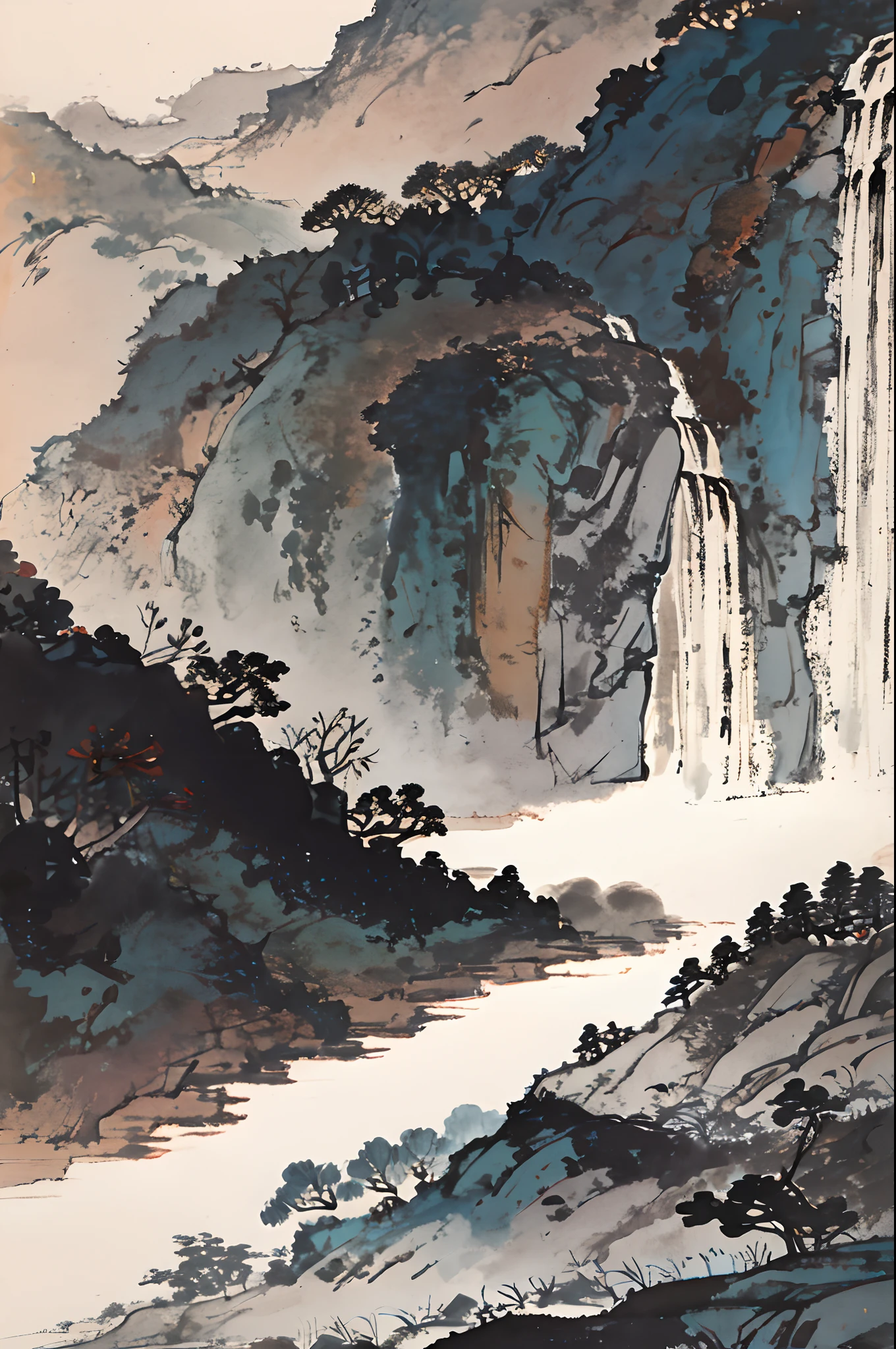 Chinese landscape painting，ink and watercolor painting，the trees，vegetation，small waterfalls，Open meadow