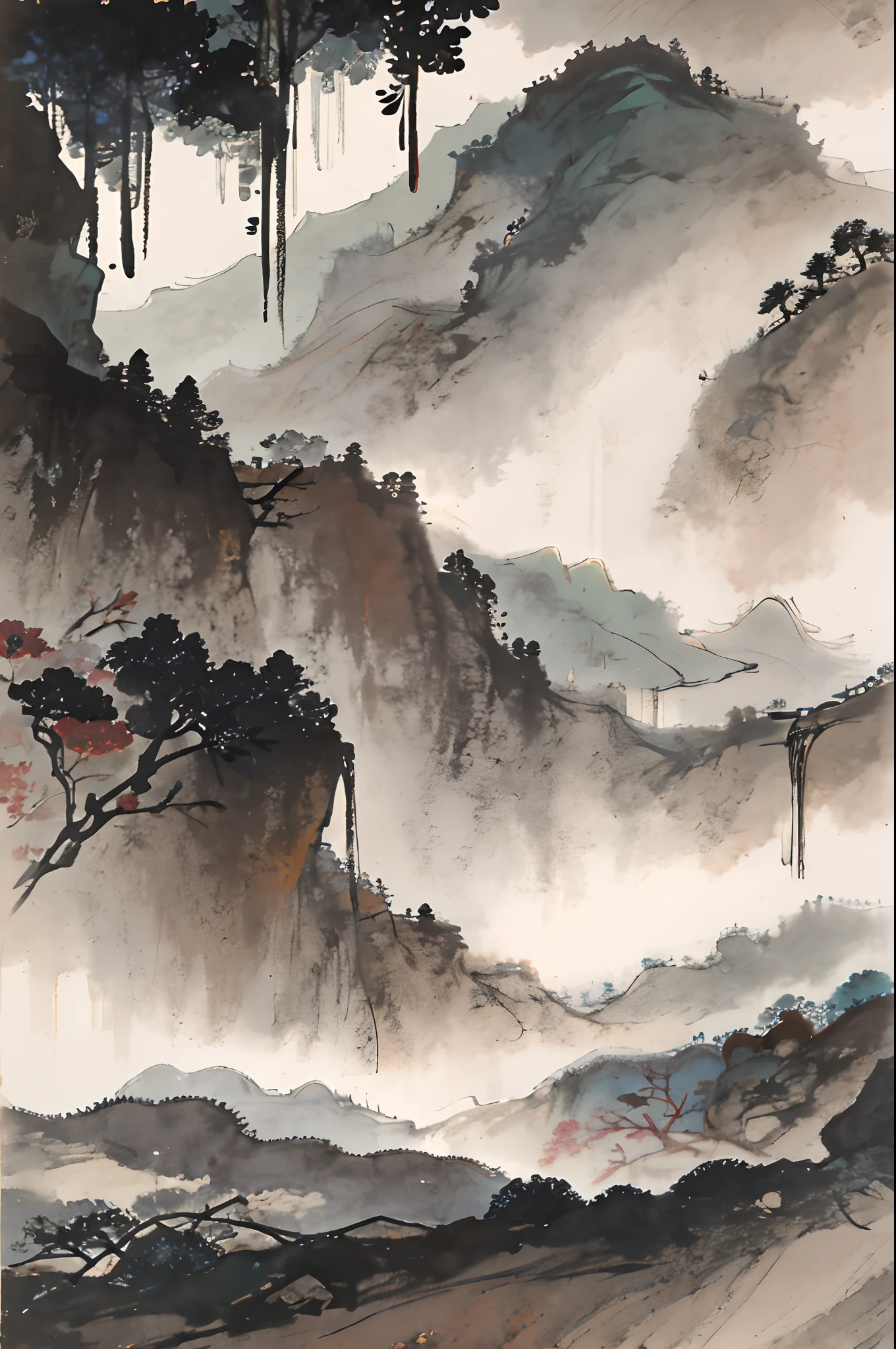 Chinese landscape painting，ink and watercolor painting，the trees，vegetation，small waterfalls，Open meadow