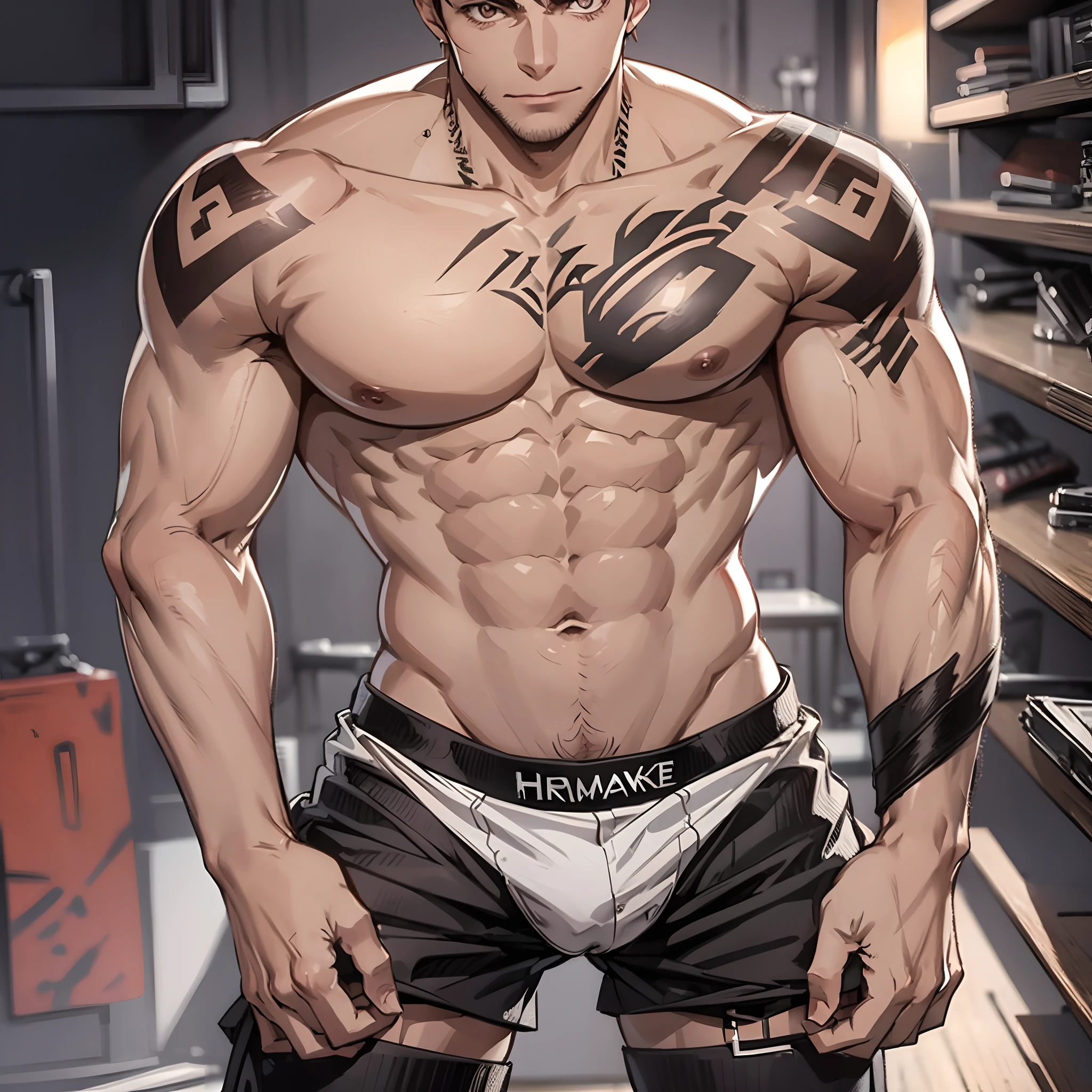 Hot,Muscular,Guy in thong,legs are open,Show off the big bulge.,tattoo_ryoumen, tattoo_On_his_face