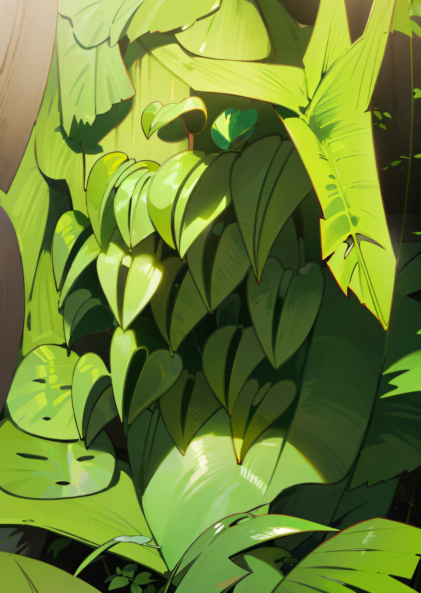 green monstera leafs, rocks, brown tree trunk, jungle in the background, in the jungle, lightig from above