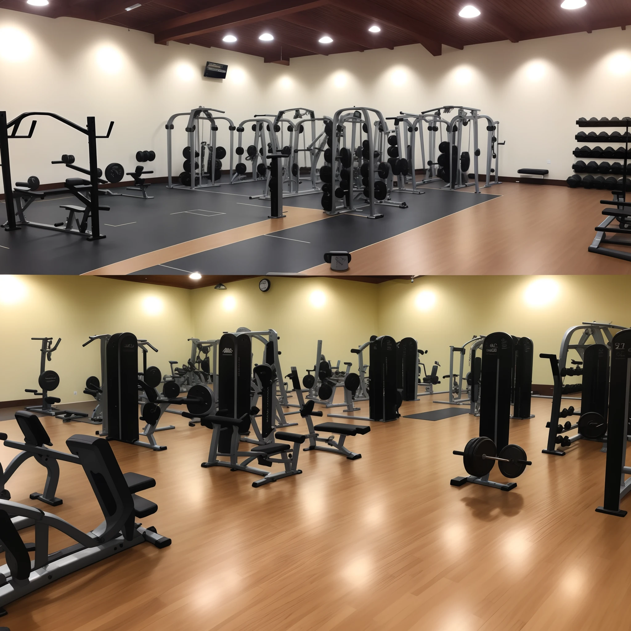 A 4000 sqft gym with squat racks, dumbbells and treadmills. The gym has a theme on the walls and flooring of a roman peasant theme. No marble statues, just poor peasant villas or Barn or ranch style but roman theme