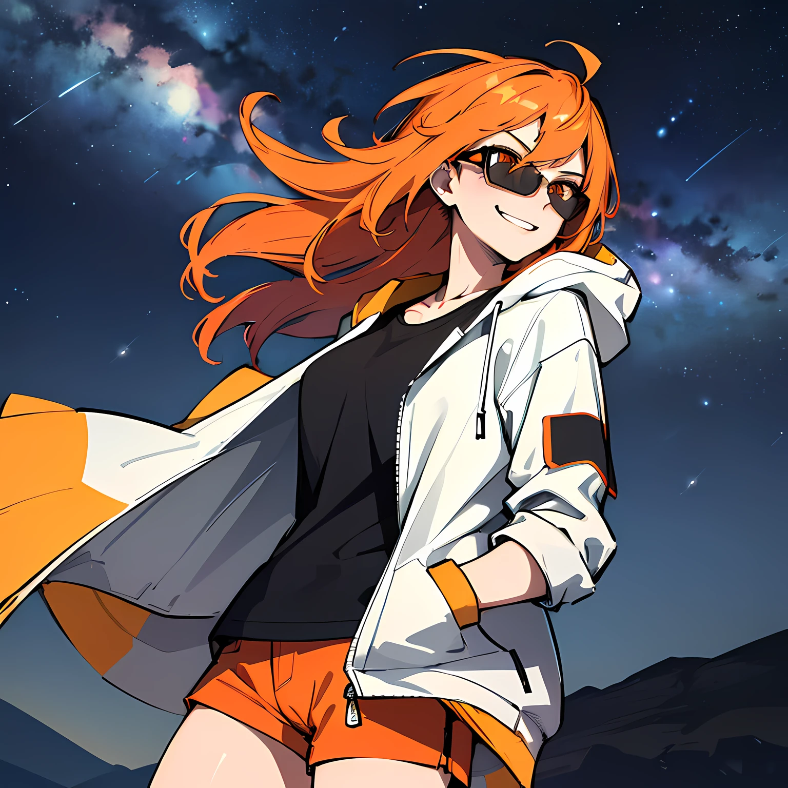 (absurdres, 8k, 4k, masterpiece, hyper extreme detailed:1.2), solo, 1girl, front view portrait, best quality, expressive eyes, perfect face, 1girl, portrait, solo, Female, mature female, adult, red hair, orange gradients, hair covering eye, medium hair, cool, confident, white shorts, wild hair, messy hair, night time, cowboy shot, half body, perfect anatomy, flowing hair, windy hair, wind, fearless, cool, badass, shirt, rugged, golden eyes, starry night sky, stars, night, smirk, badass, heroic, black graphic t-shirt, white jacket, hands in pockets, sunglasses, smirk,