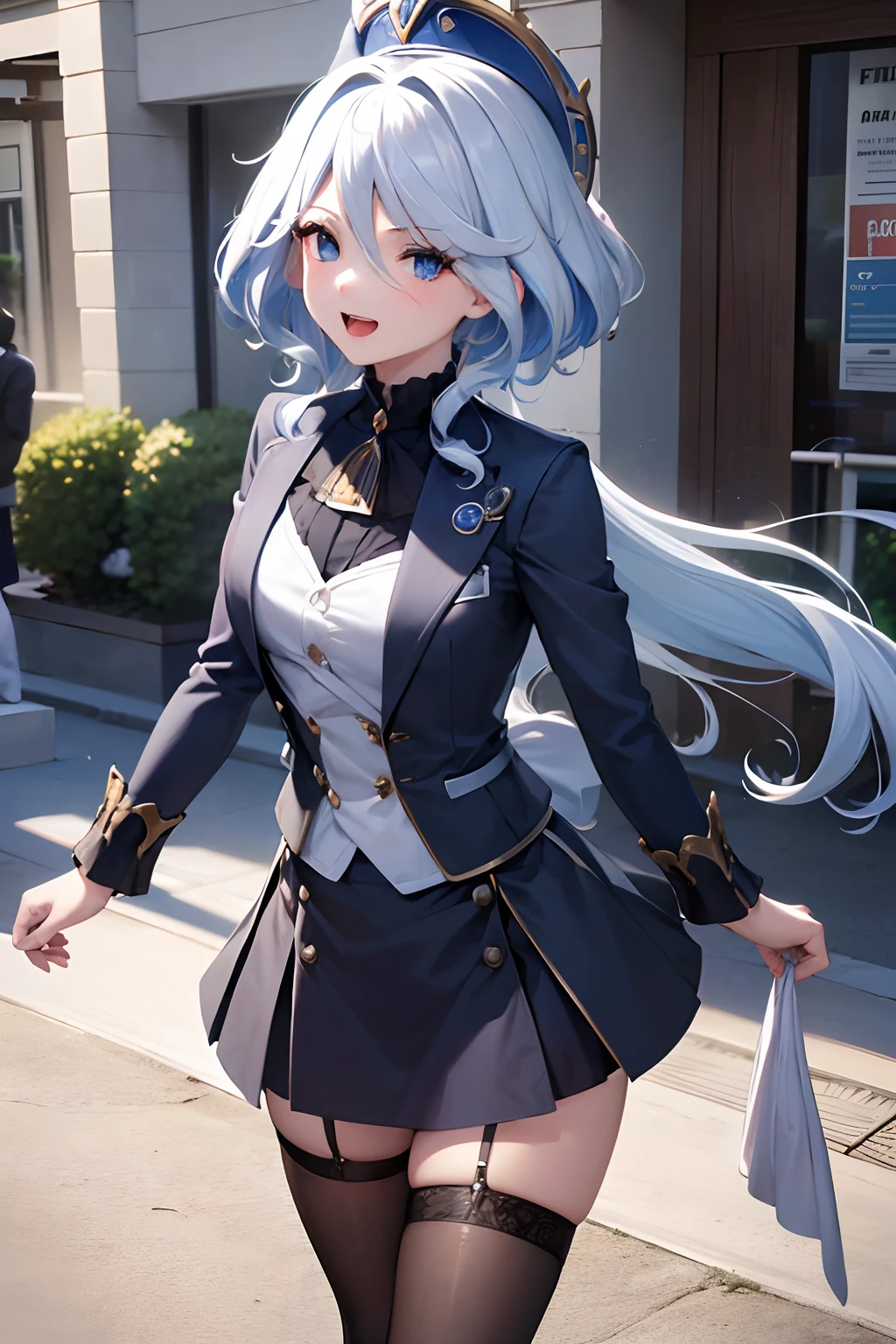 (Best quality,4K,A high resolution,Masterpiece:1.2),Ultra-detailed,Beautiful detailed eyes, teen body,joyful expressions,Furina character, -yeld tey expression,walking at street, Shiny hair,Furina has