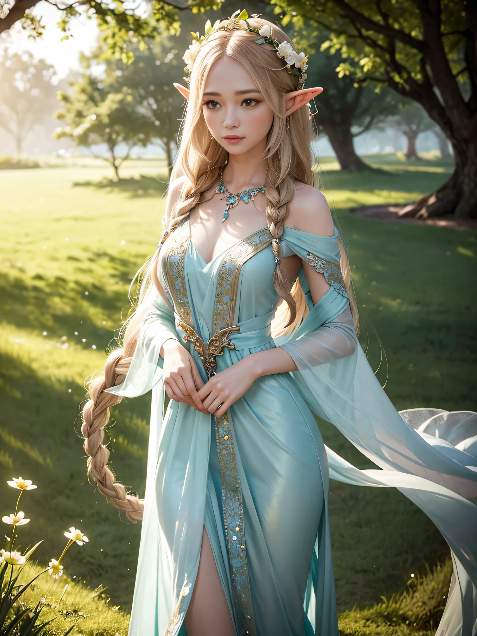 Graceful elven girl standing in meadow, Delicate face illuminated by the soft light of the setting sun. Her long, Flowing hair runs down your back, Decorated with intricate braids、Adorned with sparkling gemstones. This great photo is、、、It captures the ethereal beauty of elves. Slender figure in silk dress、Swaying in the soft steppe breeze. Attention to detail、Face that is、Face that is、Face that is、Face that is、It is evident in the intricate patterns of the dress and the subtle highlights of the luminescence. skin. The breathtaking portrayal of the elven girl is、、、、、Create an enchanting atmosphere、It invites the viewer to a magical world.