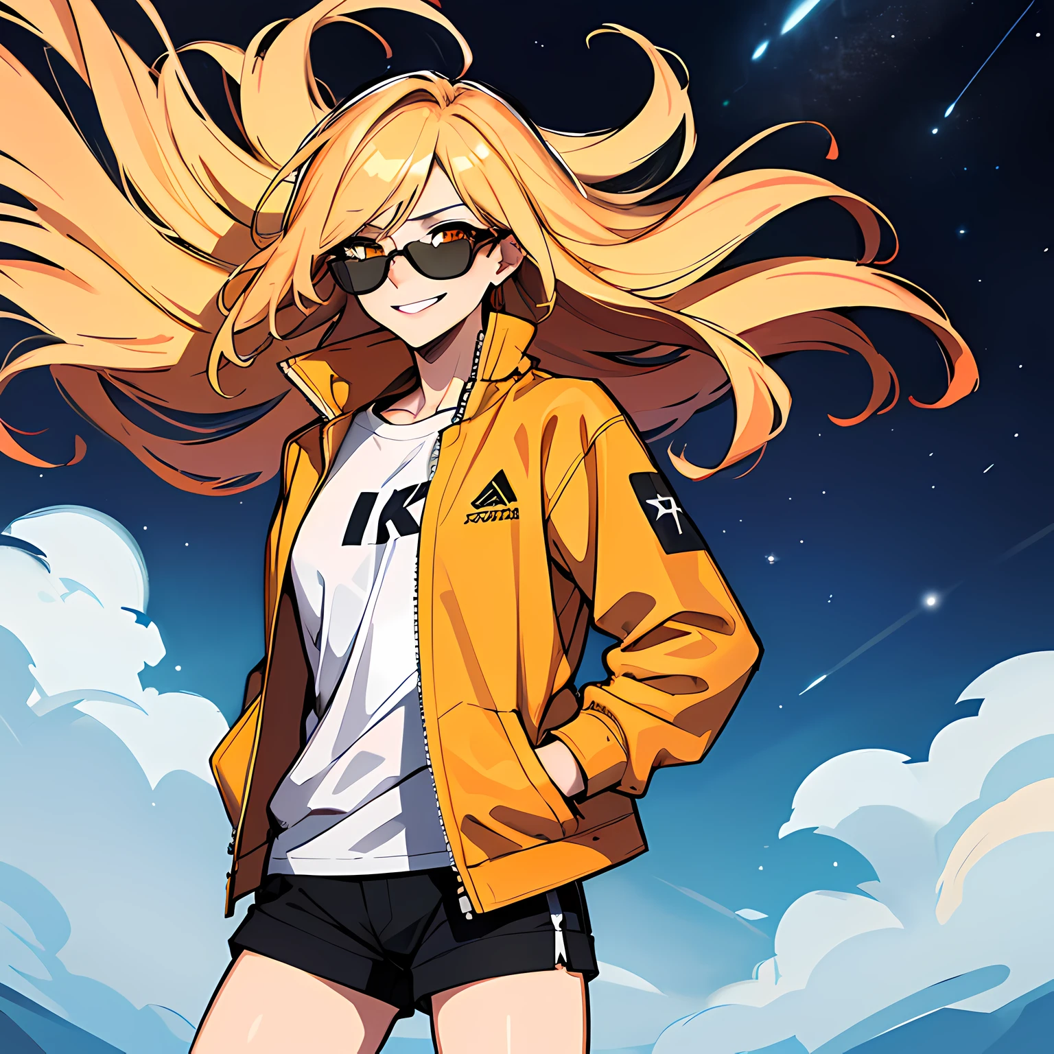 (absurdres, 8k, 4k, masterpiece, hyper extreme detailed:1.2), solo, 1girl, front view portrait, best quality, expressive eyes, perfect face, 1girl, portrait, solo, Female, mature female, adult, red hair, orange gradients, hair covering eye, medium hair, cool, confident, white shorts, wild hair, messy hair, night time, cowboy shot, half body, perfect anatomy, flowing hair, windy hair, wind, fearless, cool, badass, shirt, rugged, golden eyes, starry night sky, stars, night, smirk, badass, heroic, black graphic t-shirt, white jacket, hands in pockets, sunglasses, smirk,