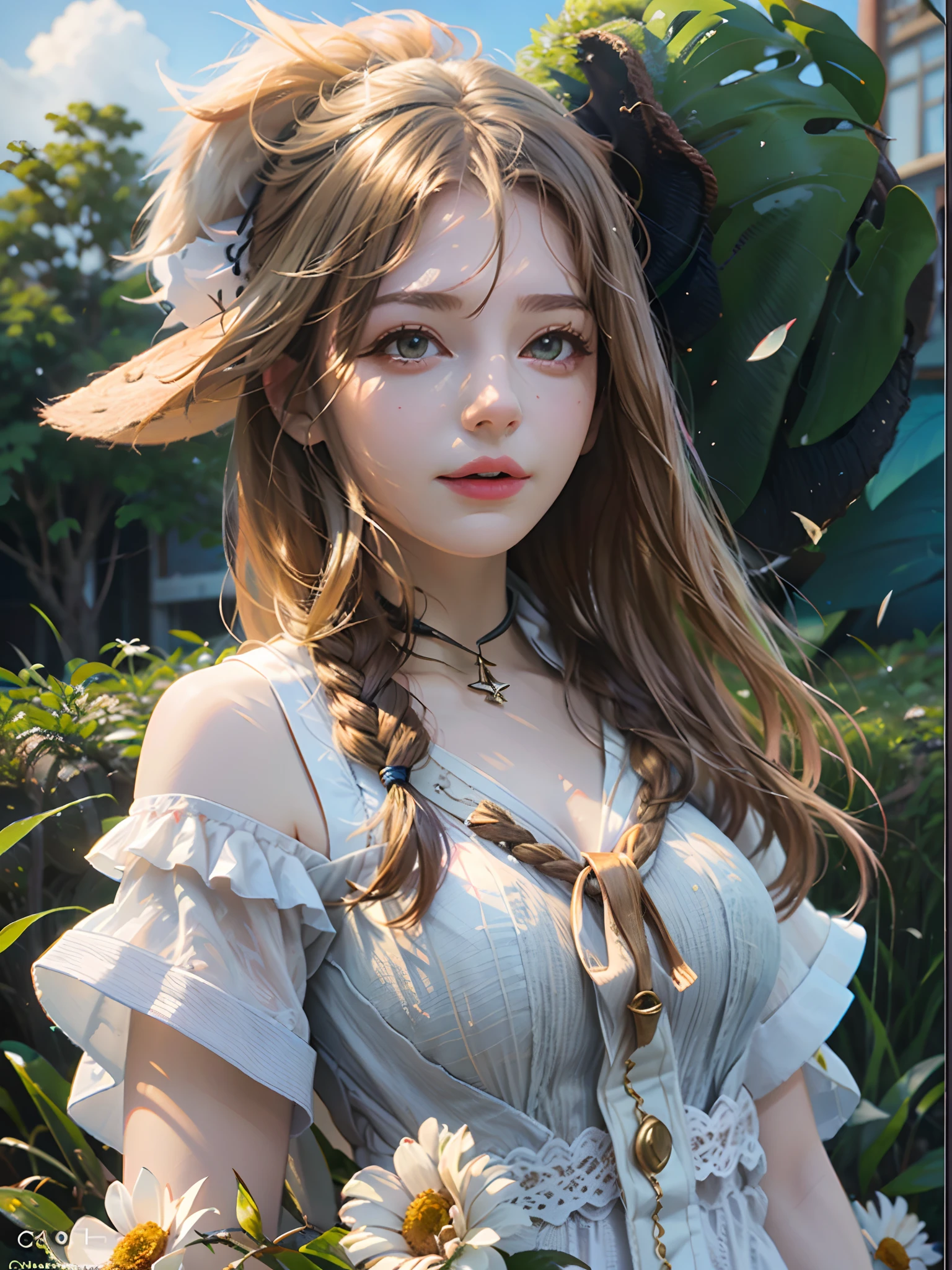 Summer Wallpaper, 1girl with strawhat, long goldhair, white long dress, Grass, Few Flowers, Big Clouds, Blue Sky, Hot Weather, HD Detail, Moist Watermark, Ultra Detail, Film, Hyper Realism, Soft Light, Deep Focus Bokeh, Ray Tracing, and Hyper Realism. --v6