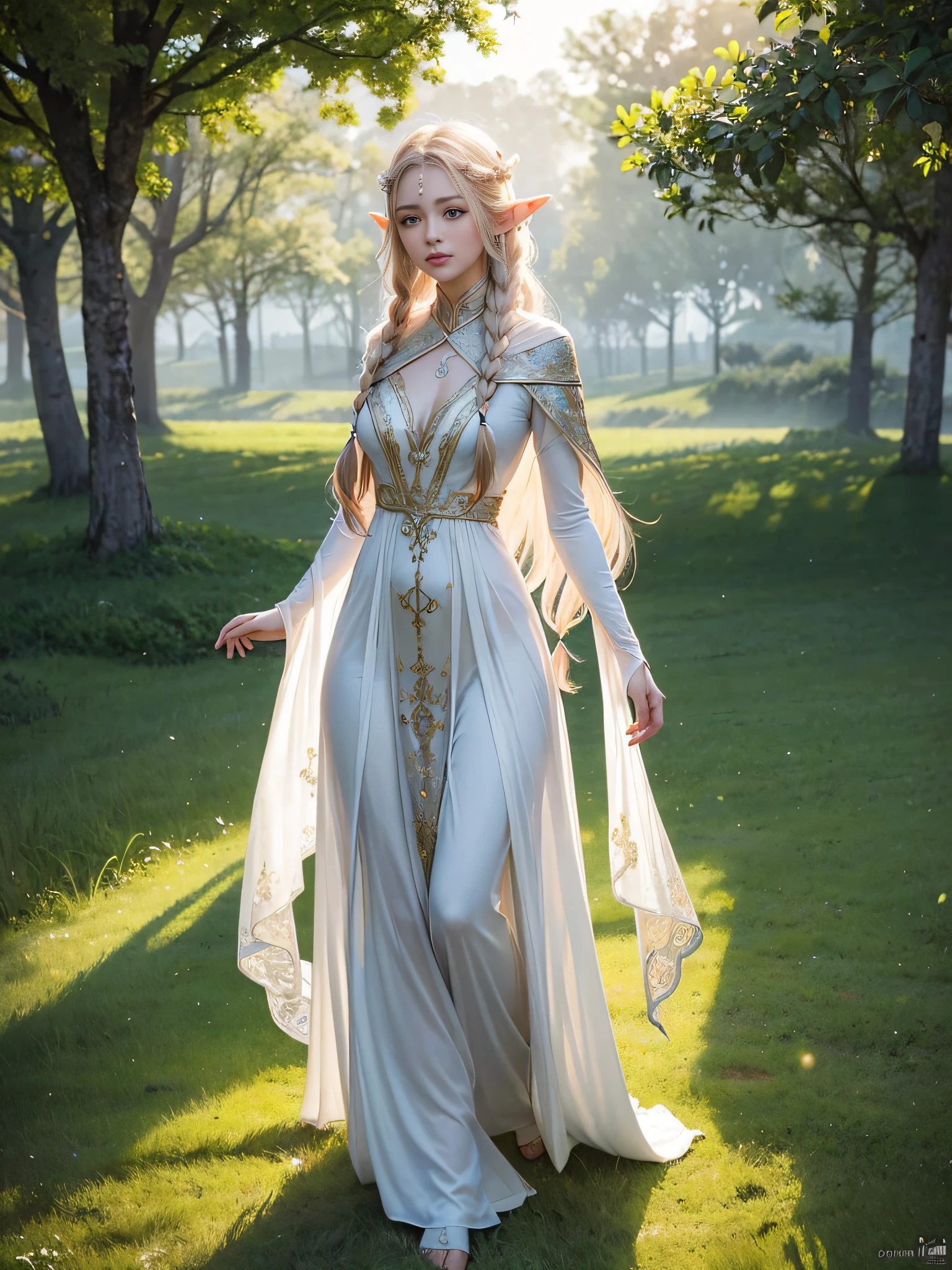 Graceful elven girl standing in meadow, Delicate face illuminated by the soft light of the setting sun. Her long, Flowing hair runs down your back, Decorated with intricate braids、Adorned with sparkling gemstones. This great photo is、、、It captures the ethereal beauty of elves. Slender figure in silk dress、Swaying in the soft steppe breeze. Attention to detail、Face that is、Face that is、Face that is、Face that is、It is evident in the intricate patterns of the dress and the subtle highlights of the luminescence. skin. The breathtaking portrayal of the elven girl is、、、、、Create an enchanting atmosphere、It invites the viewer to a magical world.