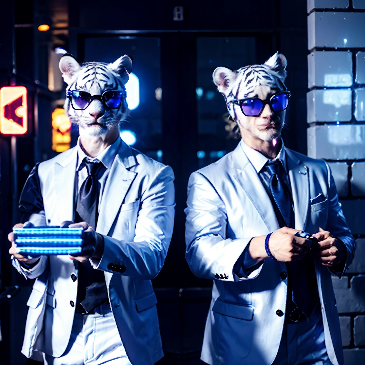 2 white tigers, in suits, wearing sunglasses, holding bricks, neon blue and purple lights, 8k, high detail, high quality