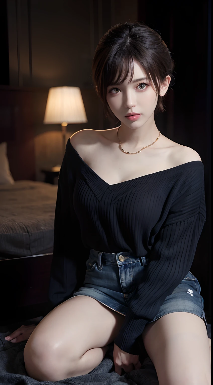 Sweaters、Denim Mini Skirt、full body Esbian、frontage、A slender、(masuter piece:1.3)、(8K、Photorealsitic、Raw photography、top-quality: 1.4)、(1girl in)、美丽的面容、(Lifelike face)、(A dark-haired、short-hair:1.3)、Beautiful hairstyle、realisticeyes、Beautiful details、(real looking skin)、Beautiful skins、(Sweaters)、absurderes、enticing、超A high resolution、A hyper-realistic、high-detail、the golden ratio