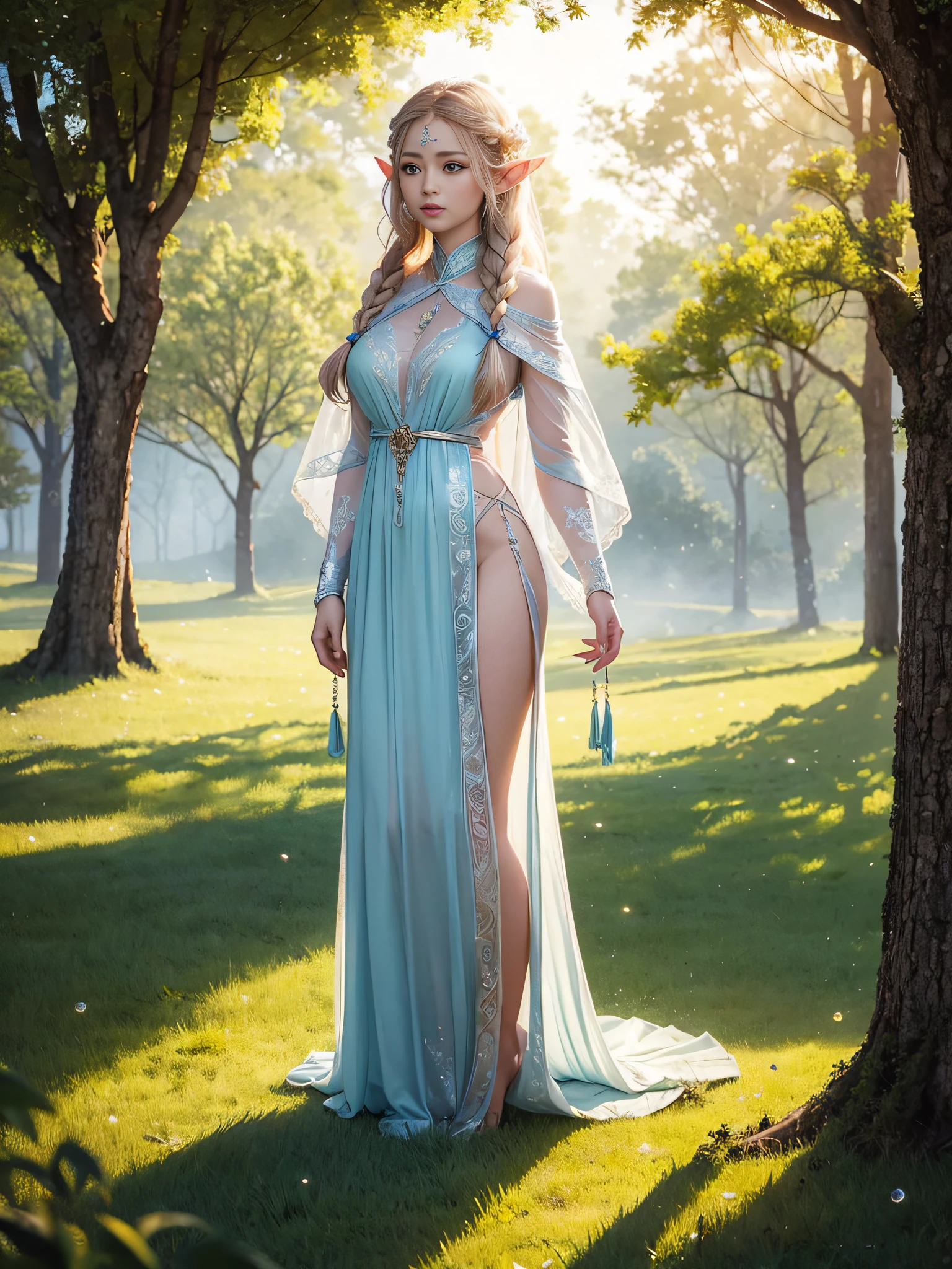Graceful elven girl standing in meadow, Delicate face illuminated by the soft light of the setting sun. Her long, Flowing hair runs down your back, Decorated with intricate braids、Adorned with sparkling gemstones. This great photo is、、、It captures the ethereal beauty of elves. Slender figure in silk dress、Swaying in the soft steppe breeze. Attention to detail、Face that is、Face that is、Face that is、Face that is、It is evident in the intricate patterns of the dress and the subtle highlights of the luminescence. skin. The breathtaking portrayal of the elven girl is、、、、、Create an enchanting atmosphere、It invites the viewer to a magical world.
