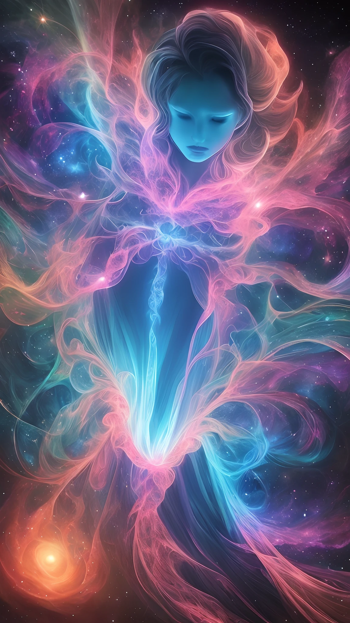 inconceivable and spectacular a scene of emergence of a figure from the glowing cloud, fractal nebula threads, cosmic entities, celestial, cosmic, vibrant and vivid, swirls, twirling, unrealistic, high contrast, symobolism, magical, mystical, mystifying, hyperrealistic, oversaturate, colorfully