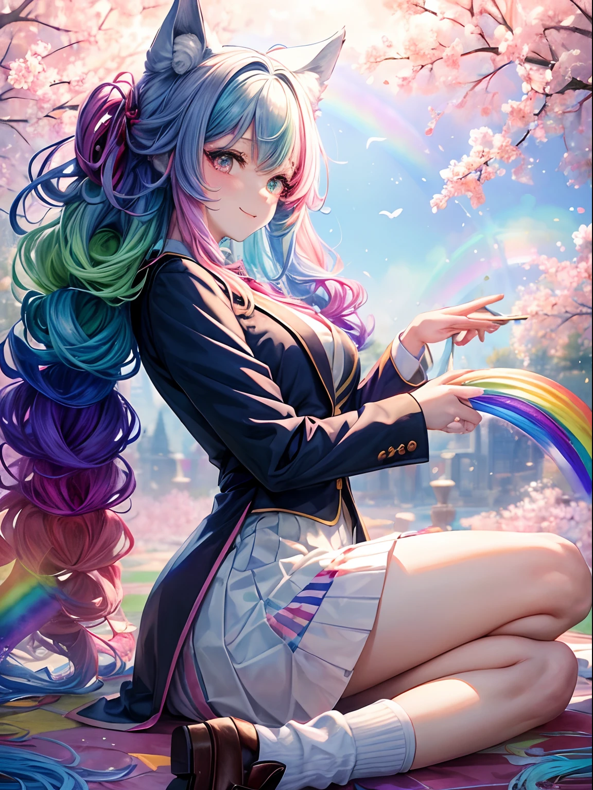 Beautiful girl with colorful hair，Wolf ears, It's Yandere，A smile，​masterpiece，超A high resolution，Ribbon on uniform，Cute Blazer，Beautiful Beautiful Girl，Perfect Beautiful Girl，Excellent style，Loose socks，(​masterpiece、top-quality、top-quality、watercolor paiting(Curly)、Official Art、Beautifully Aesthetic:1.2)、(２girl with:1.3)、(Fractal art:1.3)、The upper part of the body、from side、looking at the viewers、patterns、(rainbow-colored hair、colourful hair、Half blue and half pink hair:1.2)、Eau、gas、云、colourfull、soap bubbles、deep kissing