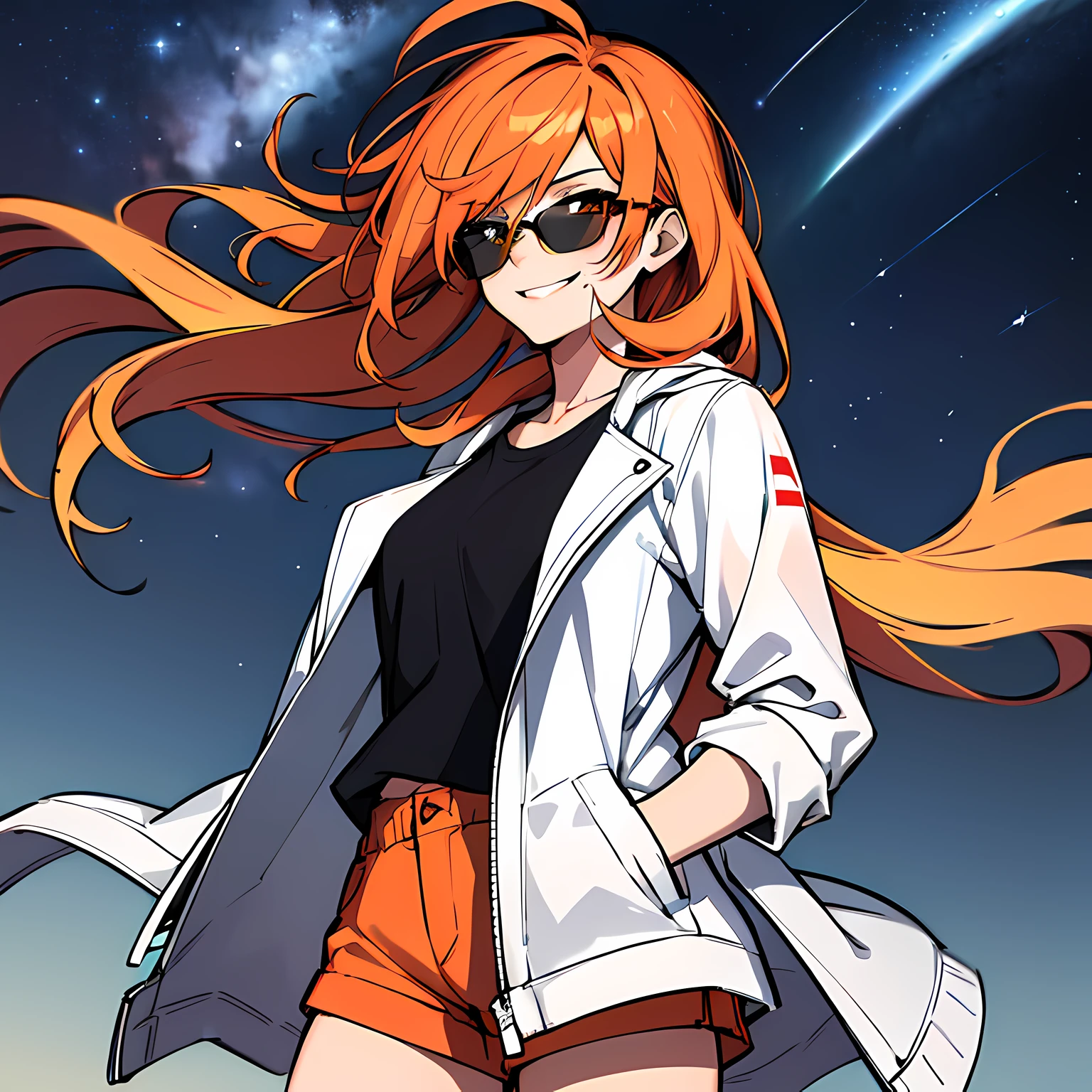 (absurdres, 8k, 4k, masterpiece, hyper extreme detailed:1.2), solo, 1girl, front view portrait, best quality, expressive eyes, perfect face, 1girl, portrait, solo, Female, mature female, adult, red hair, orange gradients, hair covering eye, medium hair, cool, confident, white shorts, wild hair, messy hair, night time, cowboy shot, half body, perfect anatomy, flowing hair, windy hair, wind, fearless, cool, badass, shirt, rugged, golden eyes, starry night sky, stars, night, smirk, badass, heroic, black graphic t-shirt, white jacket, hands in pockets, sunglasses, smirk,