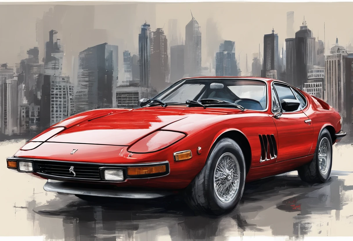 (best quality, 8k, Masterpiece: 1.2), hyper realistic digital painting of an amazing red Ferrari Daytona sp3 2022, realistic and highly detailed. in background, a really artistic canvas, in an acrylic painting, the enormous skyscrapers of the luminous city in shades of black, red and white. high resolution, vector image, artistic masterpiece, , night scene, a faint red light springs from the skyscrapers in the background, At night,