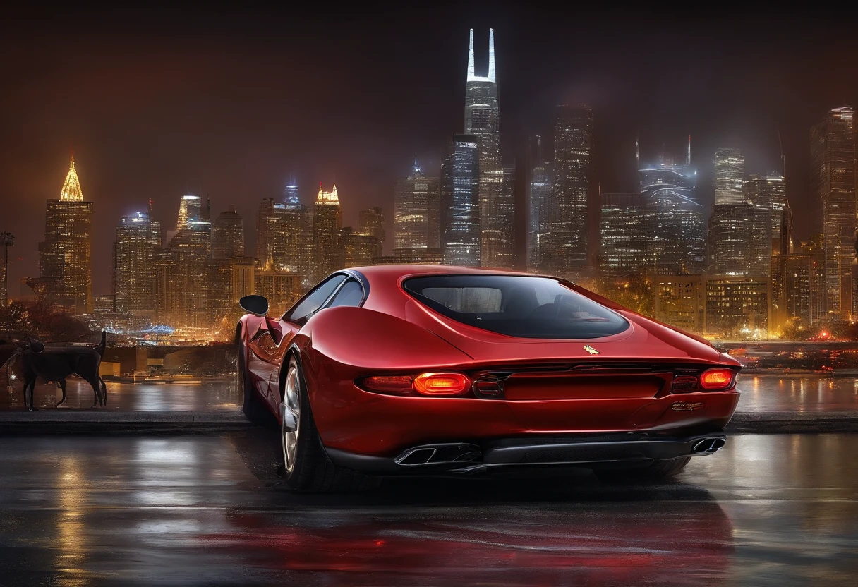 (best quality, 8k, Masterpiece: 1.2), hyper realistic digital painting of an amazing red Ferrari Daytona sp3 2022, realistic and highly detailed. in background, a really artistic canvas, in an acrylic painting, the enormous skyscrapers of the luminous city in shades of black, red and white. high resolution, vector image, artistic masterpiece, , night scene, a faint red light springs from the skyscrapers in the background, At night,