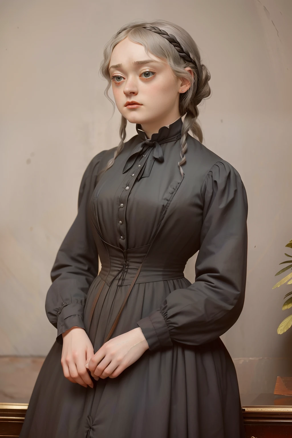year: 1865. Location: Rock Island, Illinois. Pre-Raphaelite (((47-year-old Dakota Fanning))), grey hair, ((nervous look)), (((hopeful look))), ((((Clothing from the 1860s)))) ((Hairstyle of the 1860s)), ((("OMITB" cinematography)))