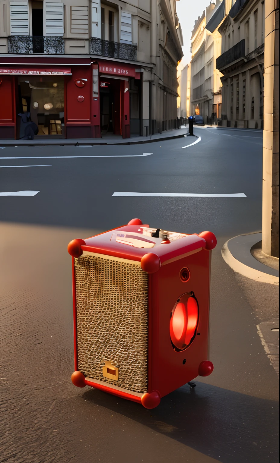 Masterpiece，HD，Red speakers on the streets of France，natural soft light，hentail realism，Bustling streets，Light background，