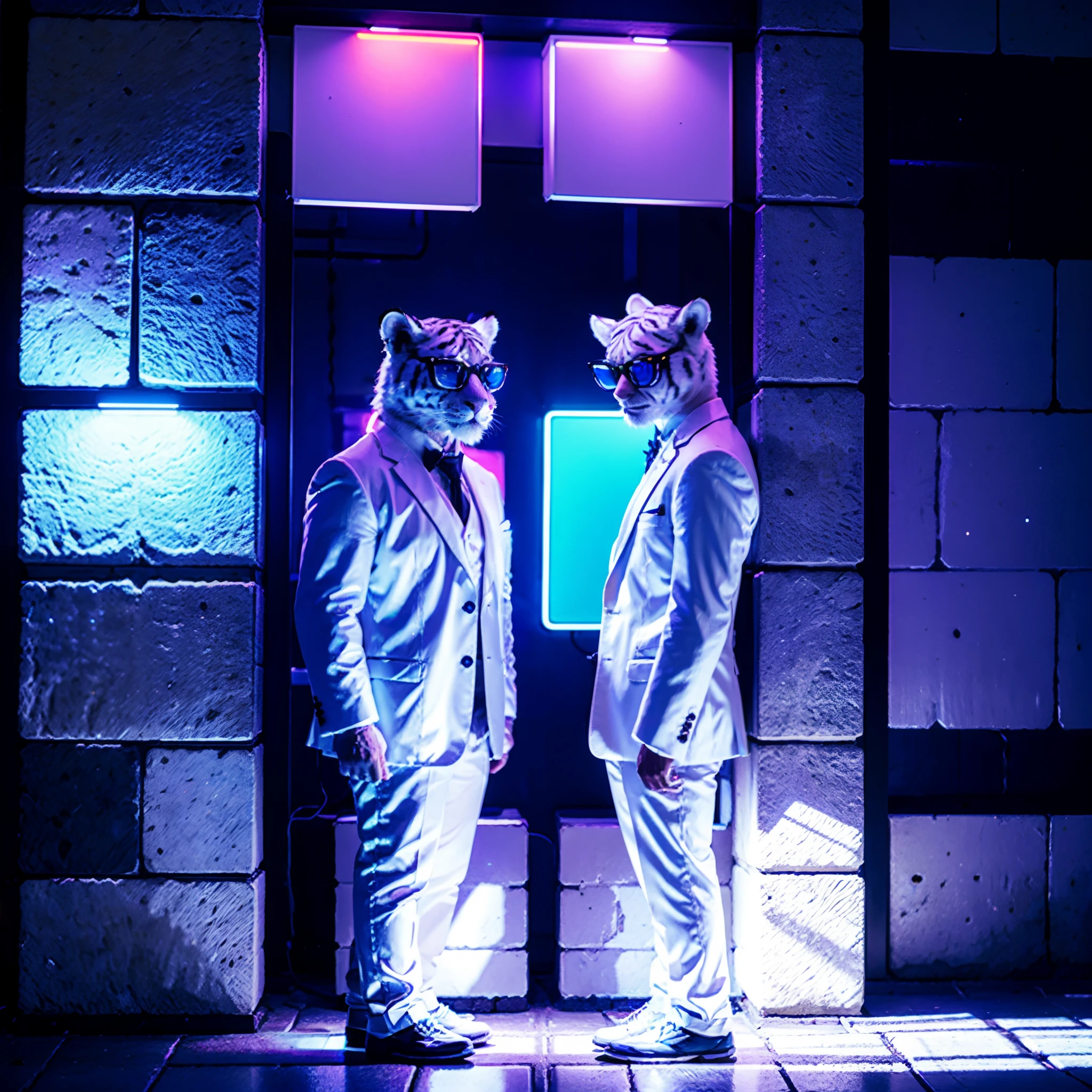 2 white tigers, in suits, wearing sunglasses, holding bricks, neon blue and purple lights, 8k, high detail, high quality