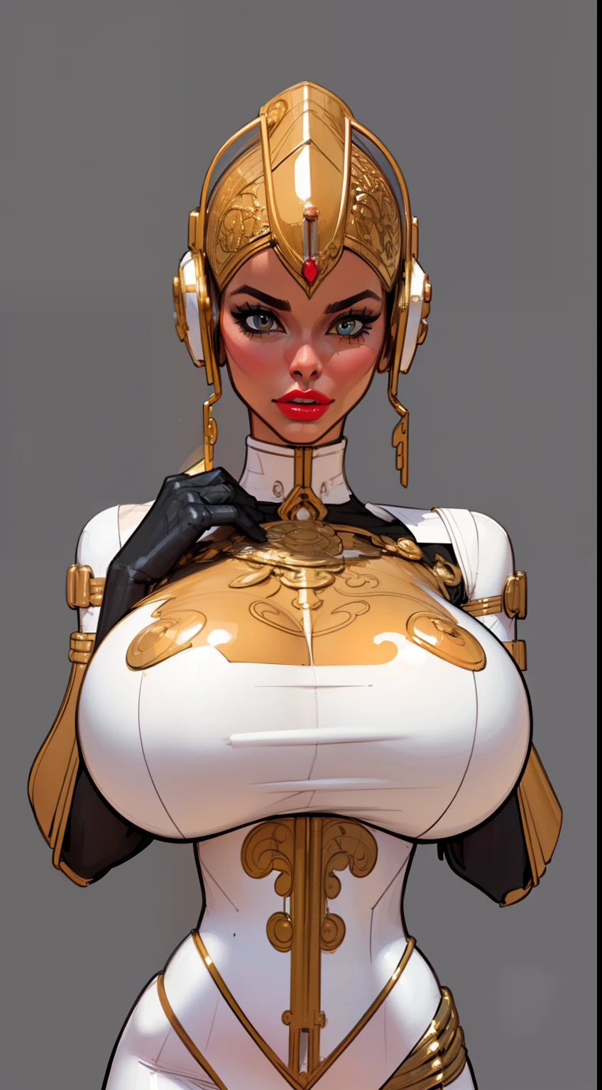 ((hovering intricate metal pieces around woman)), ((masterpiece)),(((best quality))),((character design sheet)), ((full body view)) ((cyberpunk empress)) mature face, ((middle eastern eyes:1.4)), ((gold cybernetic gown)), (((intricate futuristic breastplate))), defined cheekbones, high cheekbones, illustration, muscular, ((cyber gold:1.4)), sexy bimbo, (gigantic breasts:1.7) black hair, ((detailed face:1.4)) beautiful woman, (Chinese:1.4) (white skin:1.4) , (red lipstick:1.4), shiny skin, scribbles and marks,(puffy lips:1.4) , rough sketches, pose, 8k,16k, (simple background, white background: 1.3) ((warm color palette)), ((cyberpunk aesthetic))