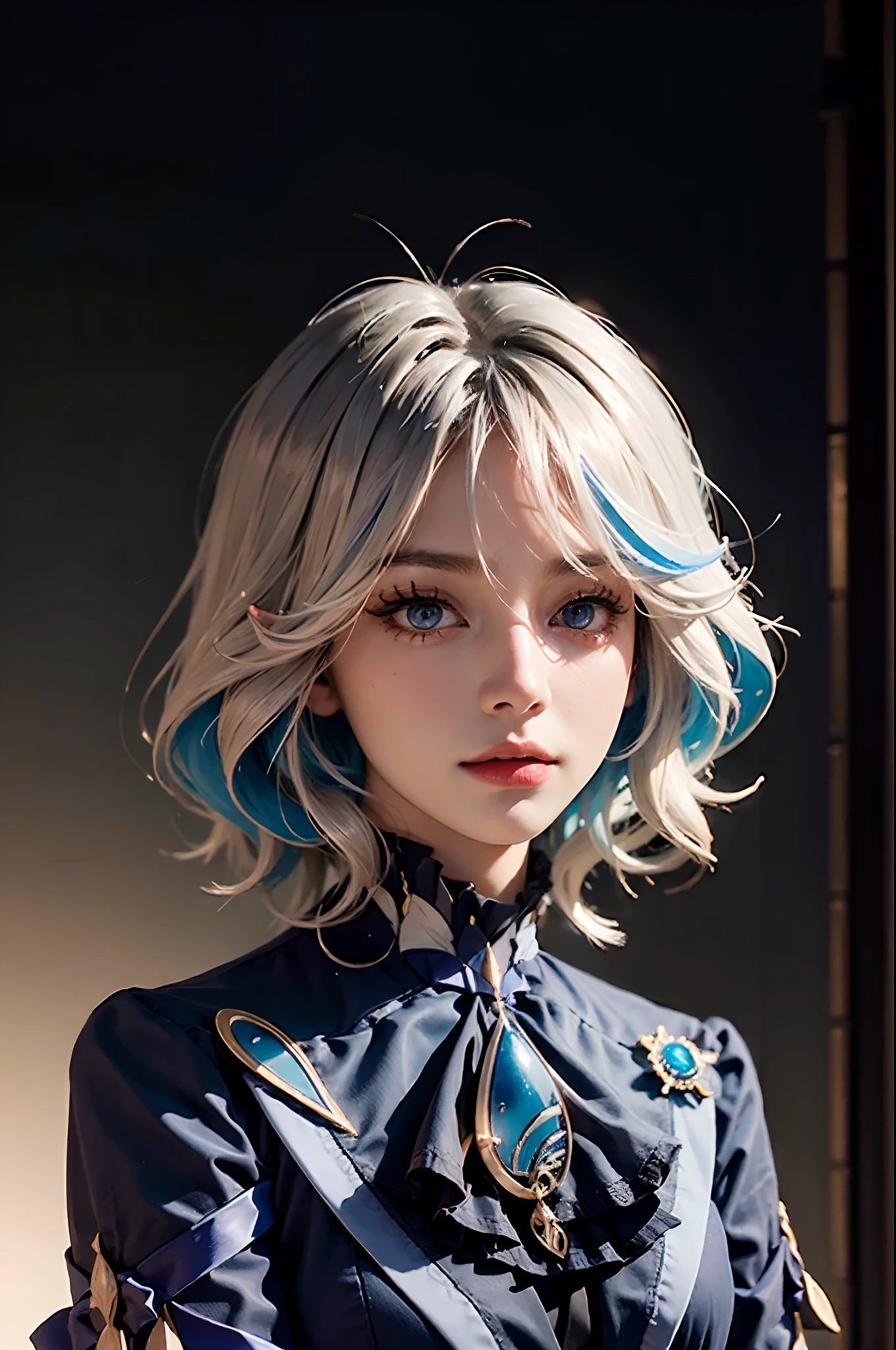 (In the dark:1.6), Surrealistic Female Portraits by David Hockney and Alphonse Mucha,Fantasy art, photograph realistic, Dynamic lighting, art stations, poster for, voluminetric lighting, Very detailed faces, 4 k'', Award-Awarded,, 1girll, In the dark, deepshadow, low tune,Cowboy shot,(official outfit:1.4) ,Long hair,White hair, Upper body