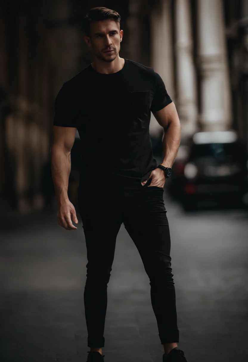 Wearing a black T-shirt and black pants, a short-cut man wears a black watch on his left hand and puts his right hand in his pants pocket.