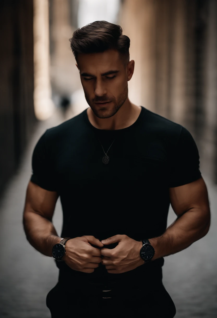 Wearing a black T-shirt and black pants, a short-cut man wears a black watch on his left hand and puts his right hand in his pants pocket.
