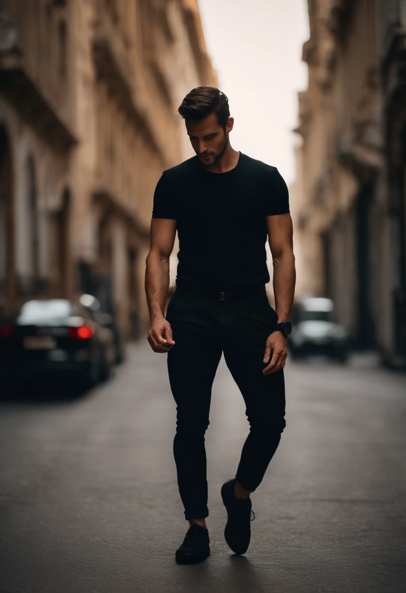 Wearing a black T-shirt and black pants, a short-cut man wears a black watch on his left hand and puts his right hand in his pants pocket.