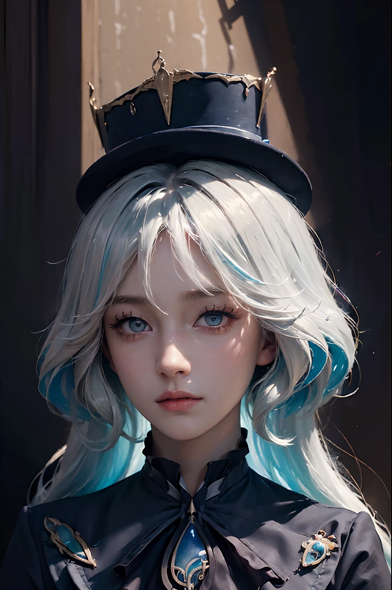 (in the dark:1.6), Hyperrealist portrait of female by david hockney and alphonse mucha,fantasy art, photo realistic, dynamic lighting, artstation, poster, volumetric lighting, very detailed faces, 4 k, award winning,, 1girl, in the dark, deep shadow, low key,cowboy shot,(official clothing:1.4) ,long hair,white hair,