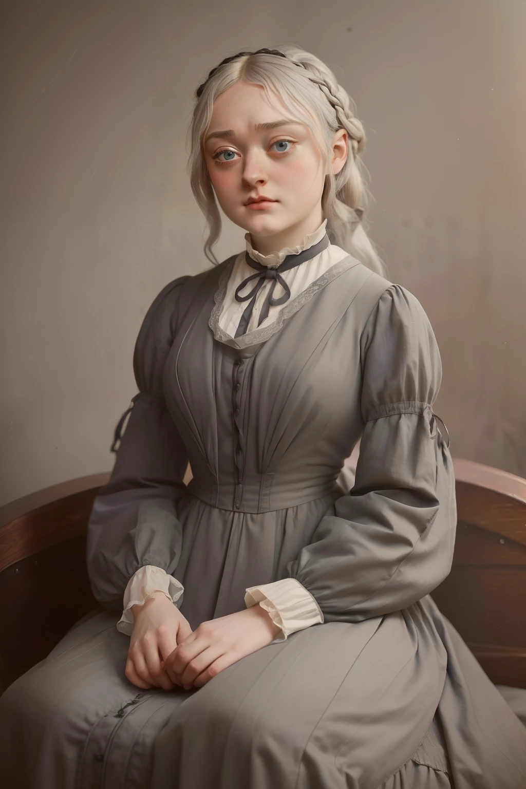 year: 1865. Location: Rock Island, Illinois. Pre-Raphaelite (((47-year-old Dakota Fanning))), grey hair, wrikles, ((nervous look)), (((hopeful look))), ((((Clothing from the 1860s)))) ((Hairstyle of the 1860s)), ((("OMITB" cinematography)))