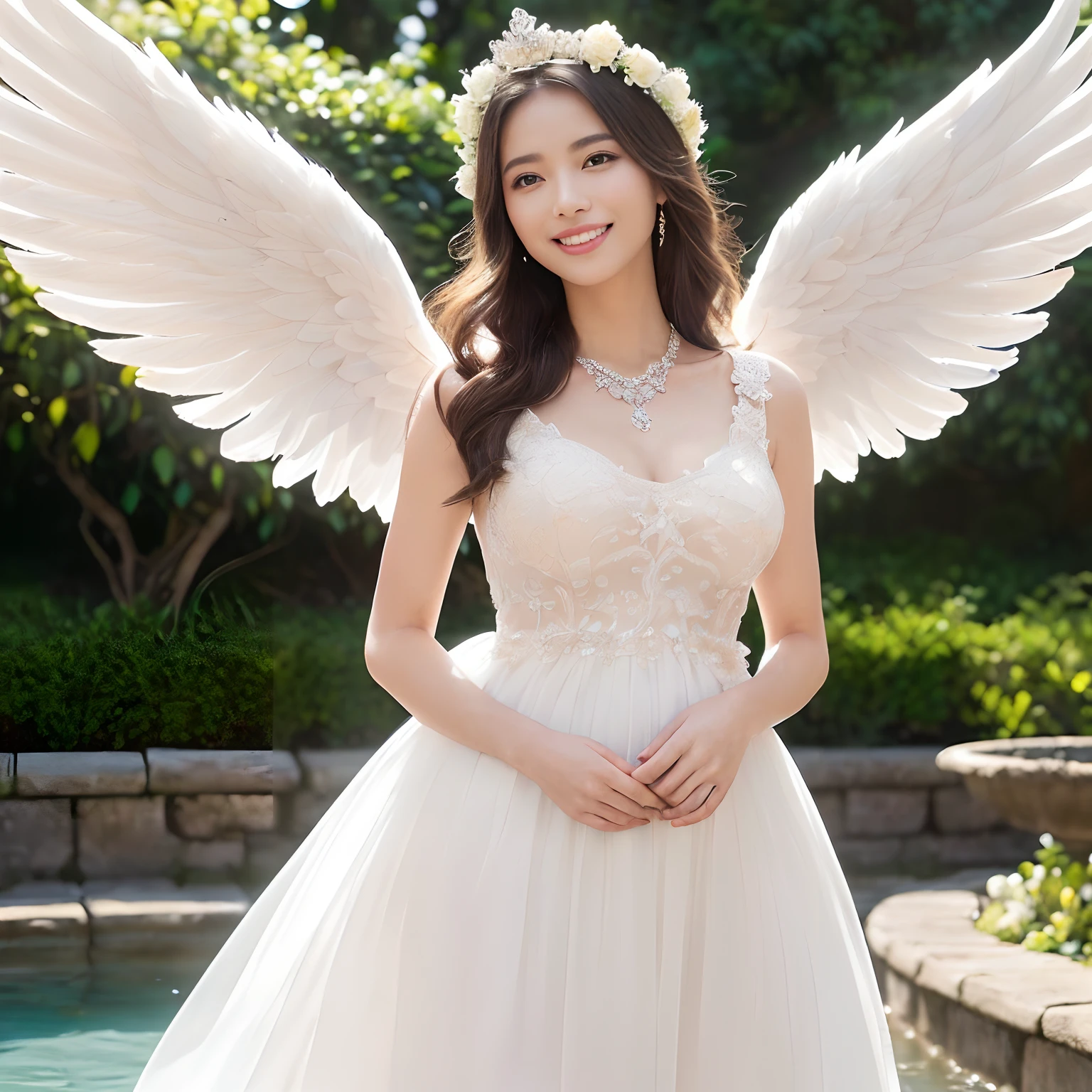 (((masutepiece、top-quality、Highly complex and detailed depictions)))、((Very beautiful angel queen、Maternal smile,mothers,Smile、The biggest smile looking at the camera、Perfect gas chamber、Look at me exactly、Perfect 2 Wing、white roses、A large amount of white roses、Beautiful white roses、The most beautiful gardens in the world、The most complex and fantastic gardens in the world、Beautiful smile,、A detailed face、Perfectly depict the face、Walk along the cobblestones、Walking in the garden、Crystal clear and beautiful water、Hair swaying in the wind、Take photos up close、Take a photo above the waist、Final Form as Perfect Angel, ,Huge and realistic angel wings,The most dignified feathers,The most detailed and intricate angel wings、King of Angels,The most dignified angel,Plumage gives off a transparent shine、Graceful and classy pose、Fairytale Garden、Garden with white flowers、Walking in the garden、Flowers, Fountains and cobblestone gardens、Walking in the garden、Beautiful cobblestones、white blossoms,、Beautiful temple gardens、There is a spring surrounded by cobblestones、Sacred Well、crystal-clear water、It is full of white flowers、white blossoms、Her feathers shine like a fairy tale、、Beautiful temple gardens、Fairytale Garden、Walking in the garden、Angels bathed in the sacred soft light、spectacular movie lighting、The most classy white dresses、Very noble、refinement、top grade、The most massive pure white princess dress, The finest necklaces,artistic décor,Intricate and solemn dress of an angelic masterpiece,White decorative dress,Huge Princess Dresses,The most majestic figure of the angel,The most intricately depicted angelic figures,The plumage gives off a translucent fairytale glow、Unimaginable beauty,The most intricate and beautiful dresses,Accurate reproduction of the perfect angelic detail,The figure of an unimaginably beautiful angel)),((Most beautiful face,Half Japan and half Spanish,Maternal tenderness、Maternal smile,Beautiful wavy hair,The most luxurious and intricate dresses,stares at the camera、Giant wings of angels,masutepiece,8K,very intricate,ultra-detailliert))